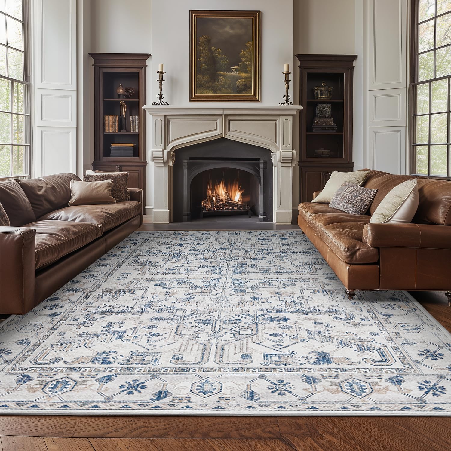 jinchan 8x10 Machine Washable Area Rugs for Living Room - Vintage Floral Stain Resistant Low Pile Ultra-Thin Non Slip Accent Rug for Bedroom Kitchen Dining Room Home Office (8x10ft,Blue) 8' x 10' (Light Weight) Border Blue