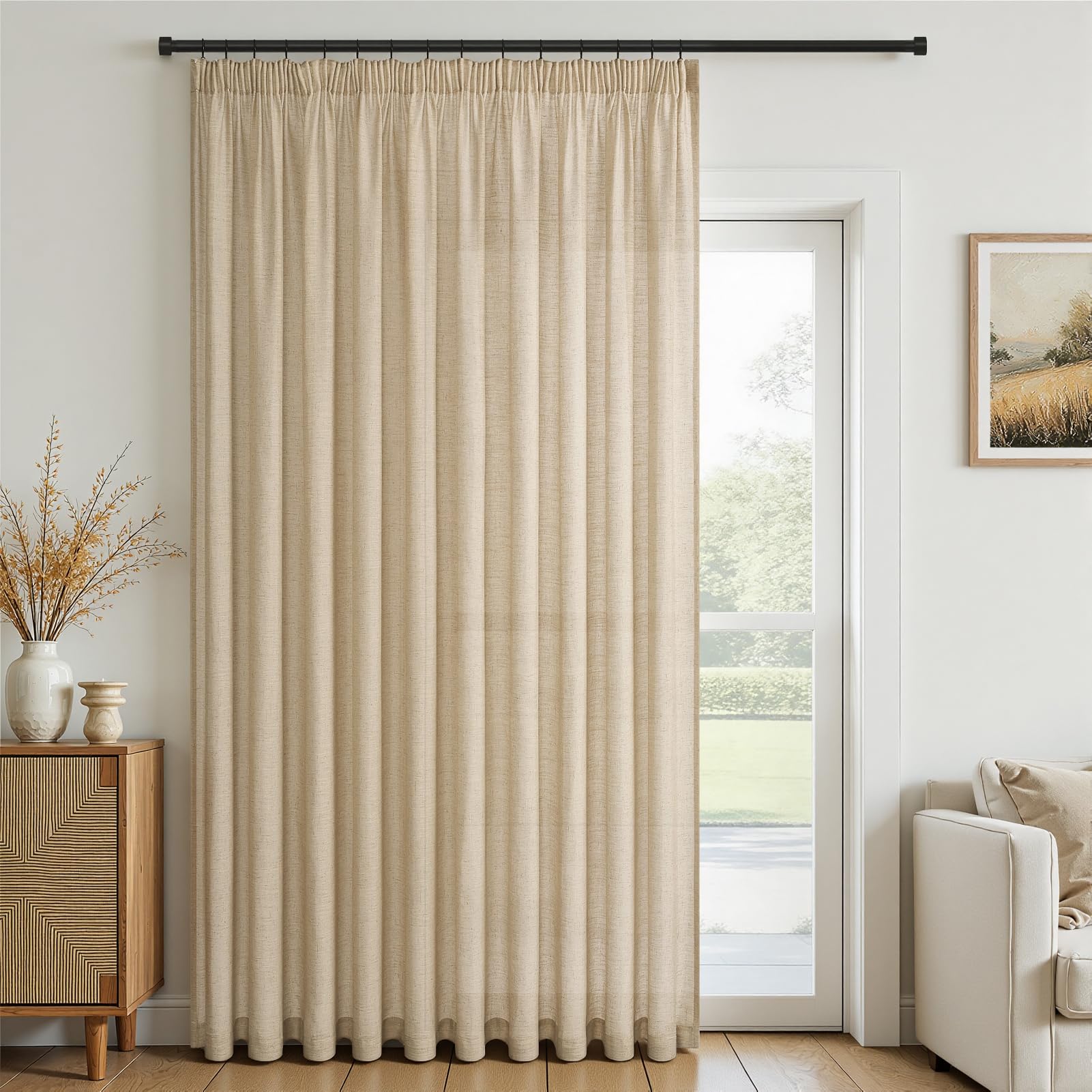 Topfinel Leinen Gardinen Vorhänge mit Kräuselband Voile Vorhang Halbtransparent Vorhänge Schlafzimmer Gardinen Wohnzimmer Modern Scheibengardinen 2 Stücke Ösenschal Boho