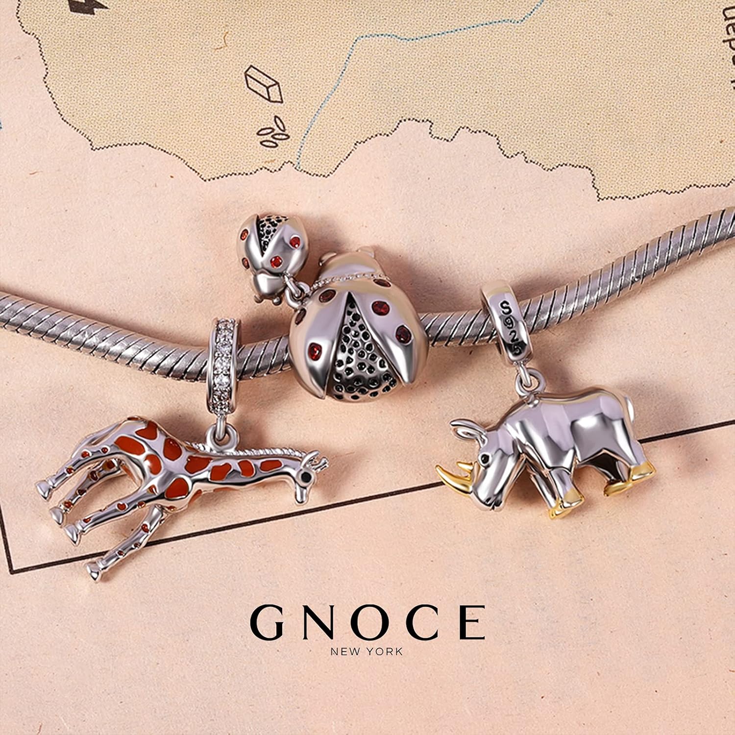 GNOCE Rhinoceros Pendant Charms for Bracelet 925 Sterling Silver Animal Charm Bead for Women Men Fit Bracelet/Necklace