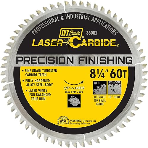 IVY Classic 36082 Premium Swift Cut 8-1/4-Inch 60 Tooth Carbide Circular Saw Blade with 5/8-Inch Diamond Knockout Arbor, 1/Card, Silver