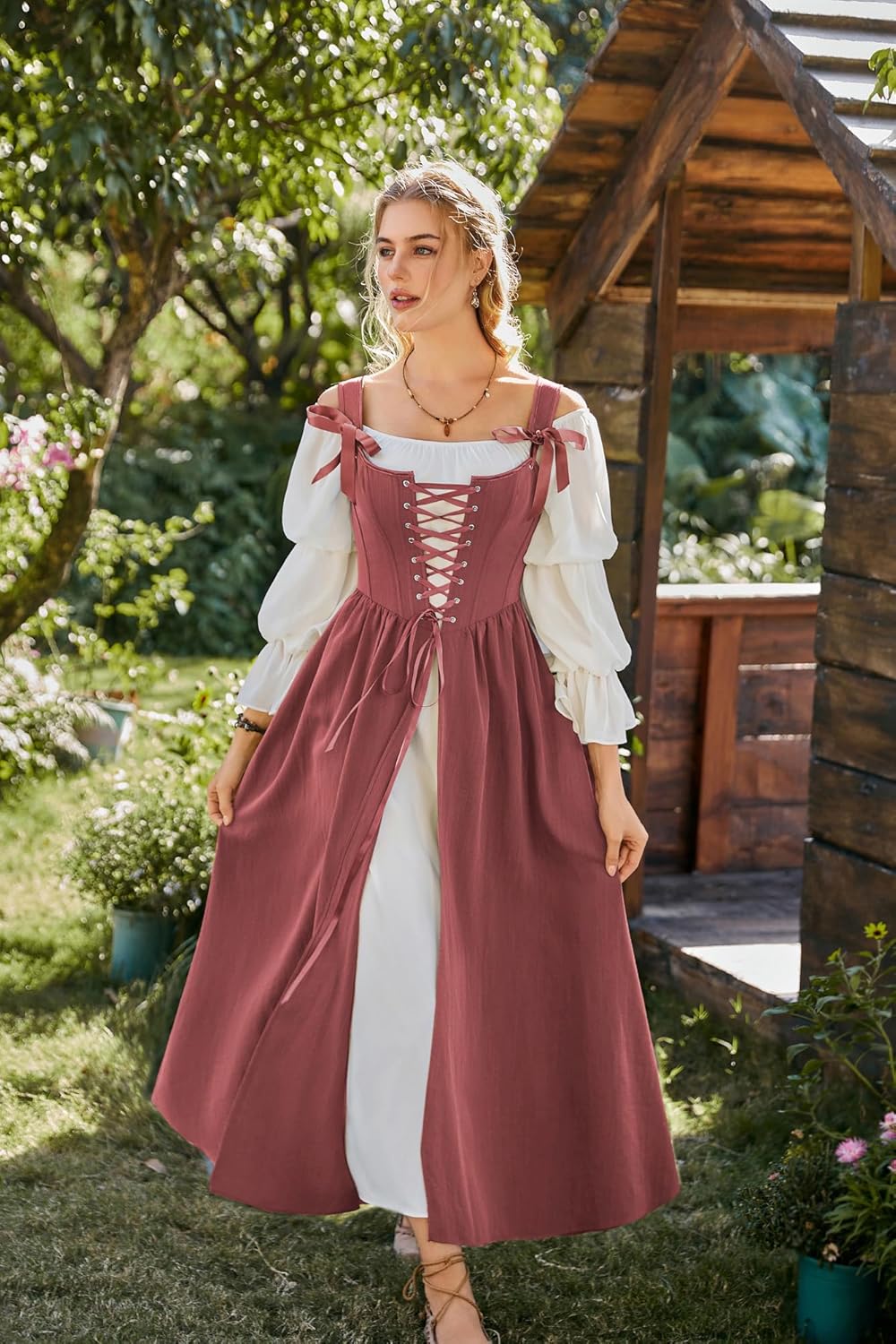 SCARLET DARKNESS Women's Renaissance Costume Medieval Lace Up Corset Dress Puff Sleeve Peasant Dress - Image 2