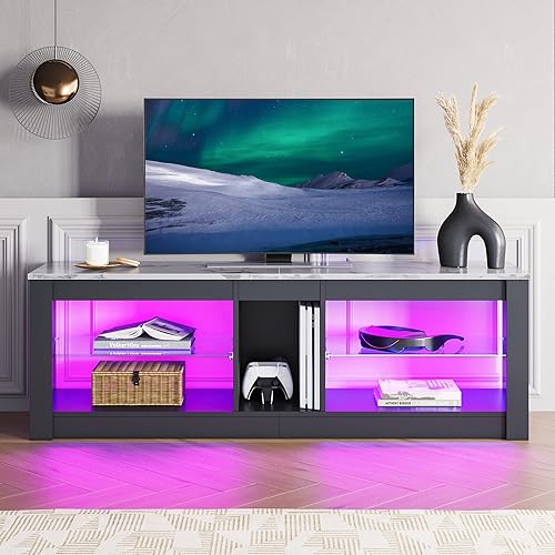Miniatura 12 de Bestier soporte RGB para televisión de más de 65 pulgadas, centro de entretenimiento para videojuegos, consola LED con 2 estantes de vidrio, para