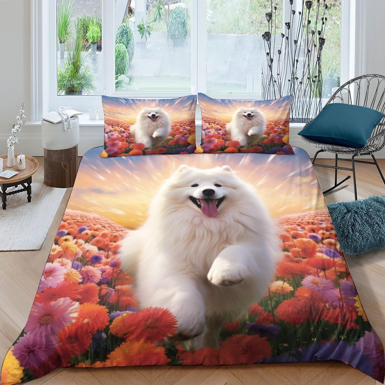 EUZZDHESP Samoyed Duvet Cover Set 3 PCS Hotel Quality Quilt Cover Bedding Set Bed Covers with Pillowcases with Zipper Closure Hypoallergenic Soft Breathable Microfiber King（220x240cm）