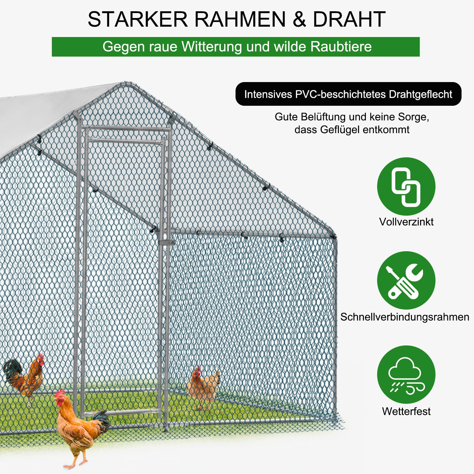LEADZM Gallinero, 2 x 2 x 2 m, cercado para gallinas, 4 m², gran recinto con polietileno impermeable, de acero galvanizado, techo puntiagudo