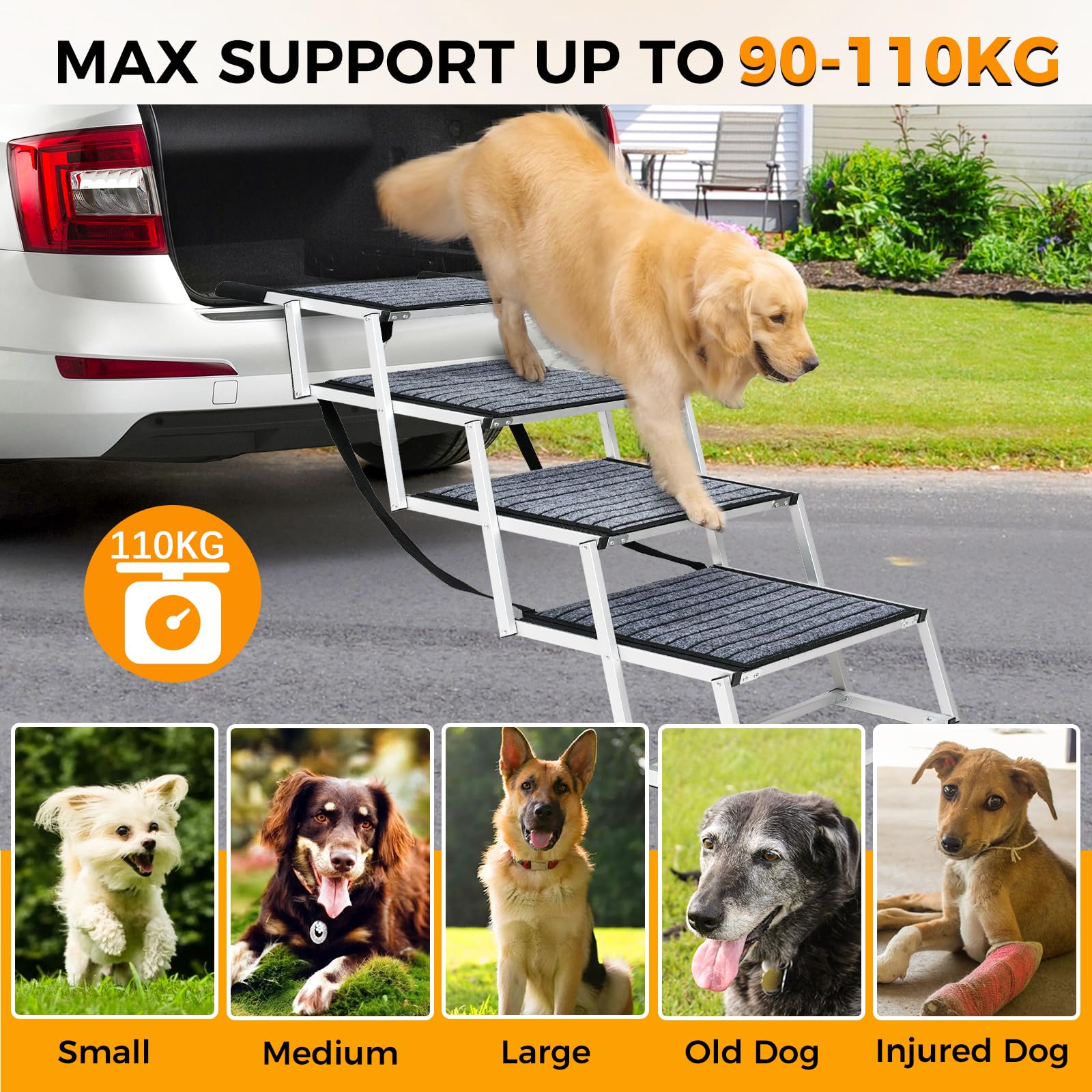 Snagle Paw Rampa per cani extra larga per auto, in alluminio, con tappeto antiscivolo, 4 gradini leggeri per auto, SUV, camion, letti alti