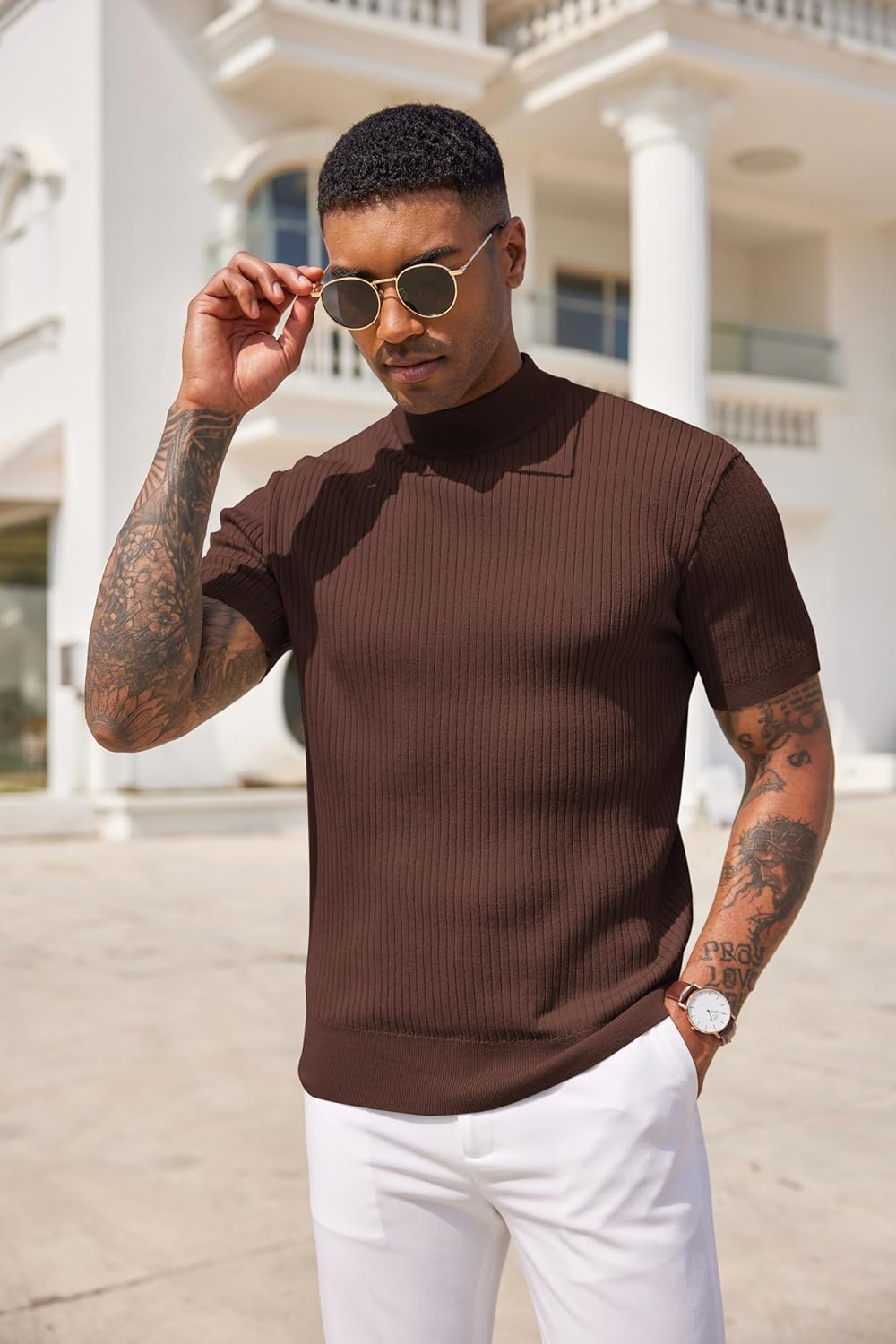 COOFANDY Men's Mock Turtleneck Sweater Short Sleeve Casual Basic Tops Ribbed Knit Pullover Solid Tee - Image 2