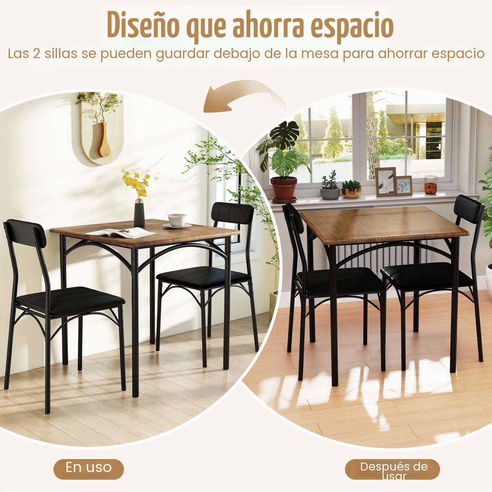 GIANTEX Juego de Comedor 3 Piezas, Mesa de Comedor Cuadrada y 2 Sillas Acolchadas, Marco Metálico, para 2 Personas, Conjunto de Mesa y Sillas Compacto para Cocina, Bar, Cafetería