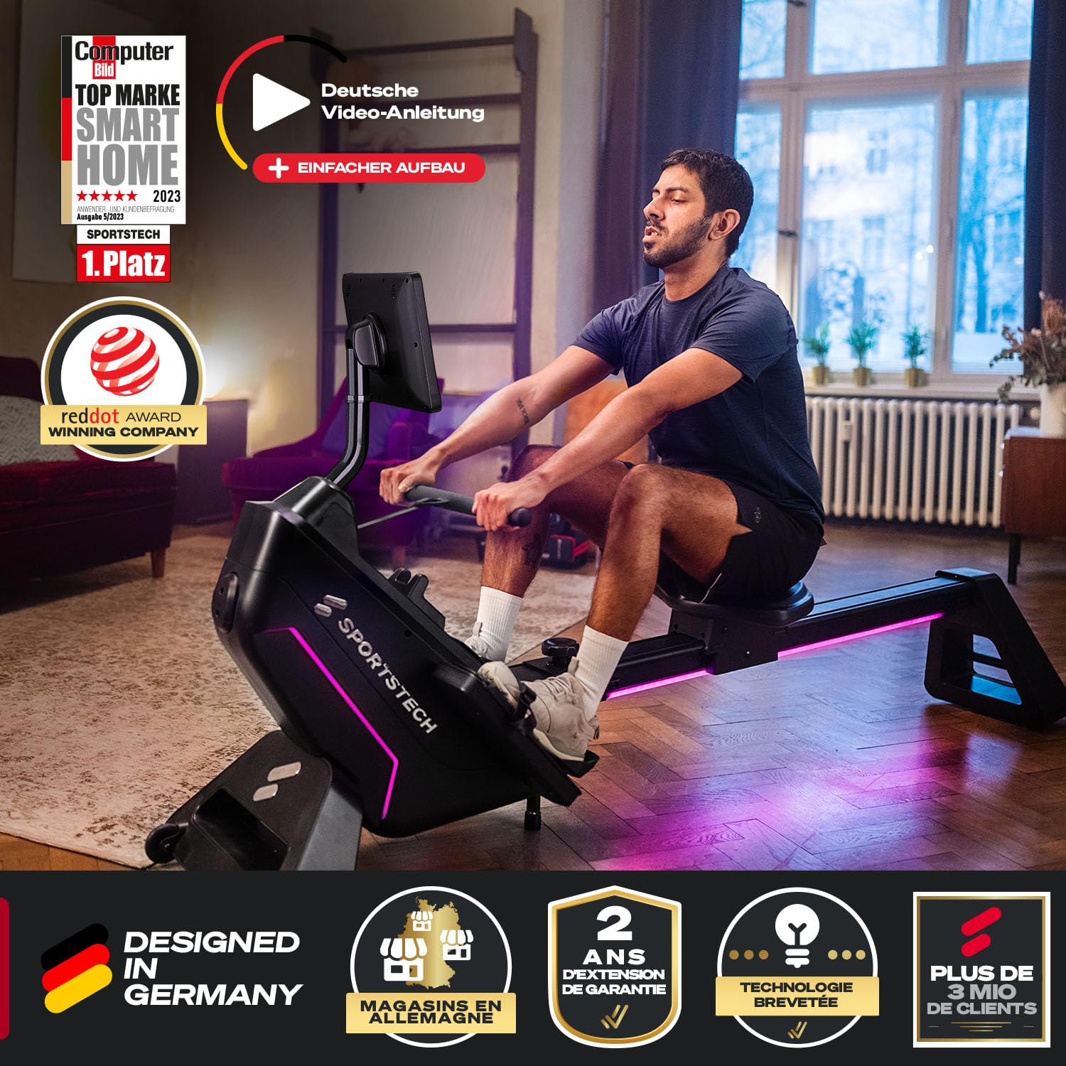 Rameur Premium Sportstech pour la Maison avec écran Tactile, avec 1 an d'App STL Incluse, Marque Allemande, appli avec Cours & entraînements, rameur Pliable avec Technologie LED, sRow