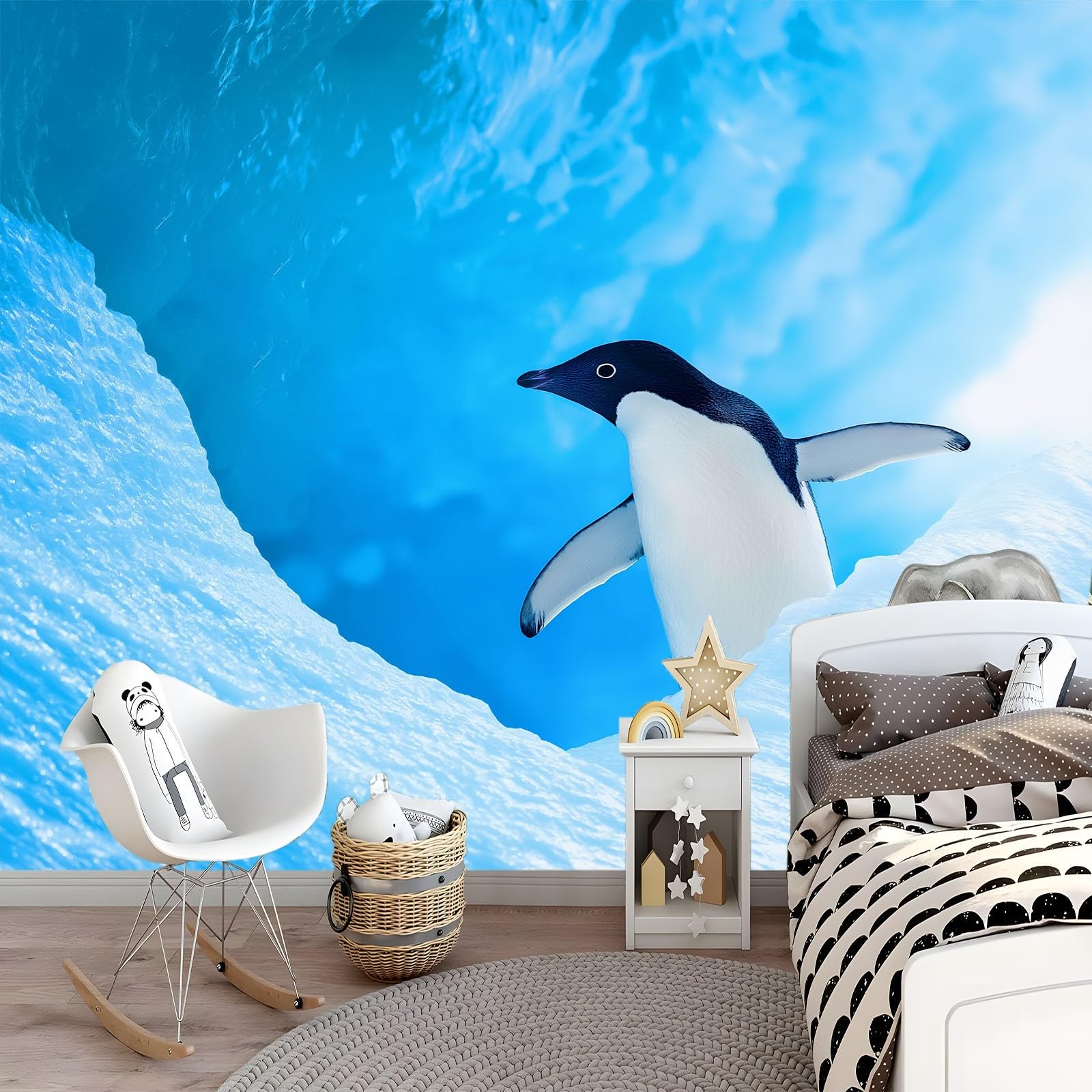 Fototapeta 3D 200 x 140 cm do pokoju dziecięcego realistyczna niebieska tapeta z włókniny jaskinie lodowe i pingwiny - dekoracja ścienna do pokoju chłopców i dziewcząt, łatwy montaż