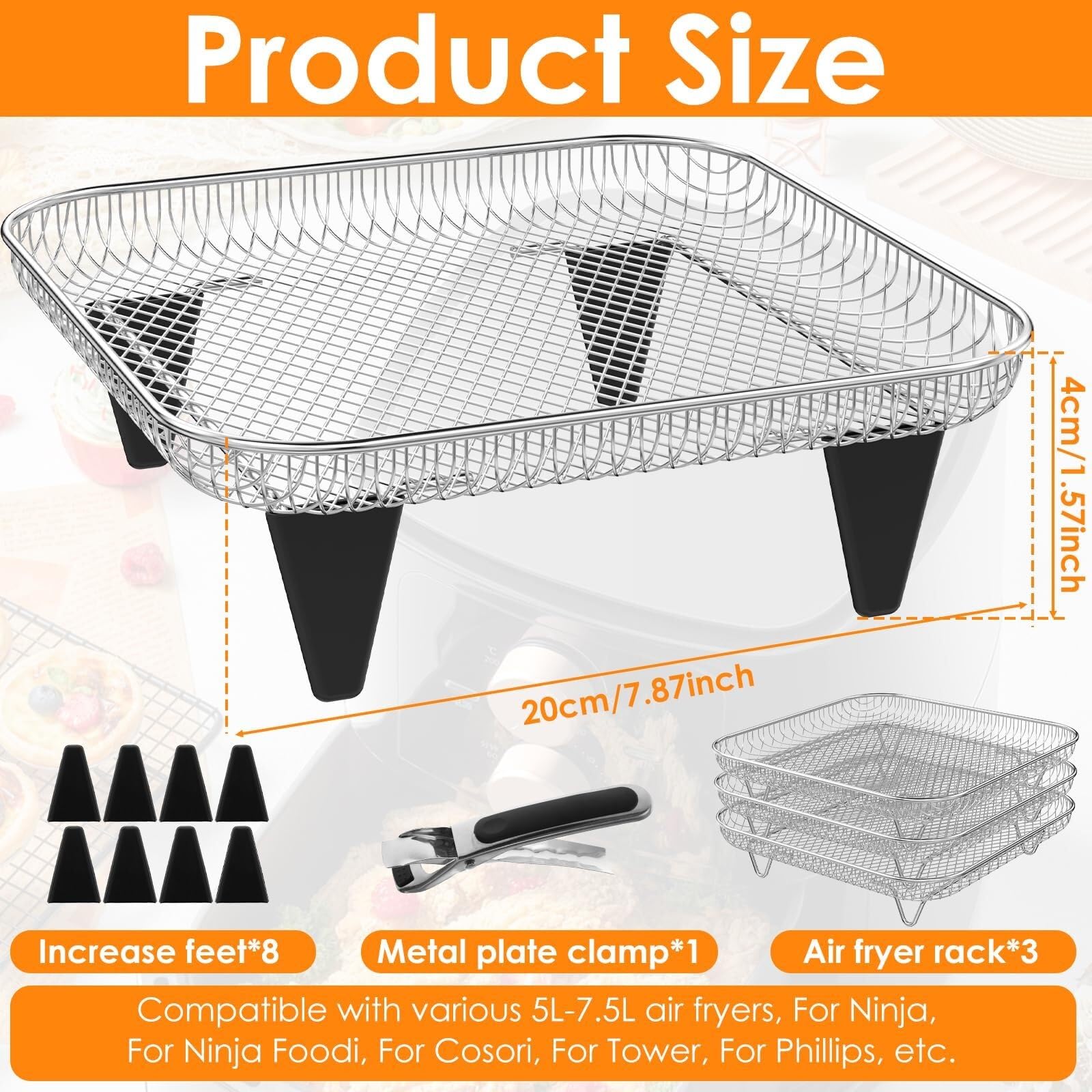 Rejilla for freidora de aire 3 niveles 8 pulgadas, rejilla for parrilla acero inoxidable con patas silicona y clip antiescaldaduras, accesorios cuadrados for 5L-7,5L