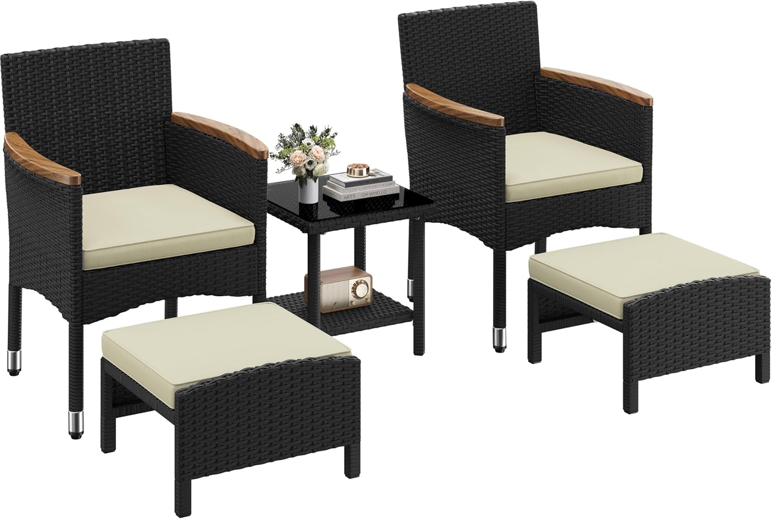 Yaheetech Conjunto de Muebles Ratán de Jardín 5 Piezas, 2 Sillones 2 Otomanas 1 Mesa de Vidrio Templado, Resistente a Intemperie,para Patio Piscina Terraza Negro/Beige