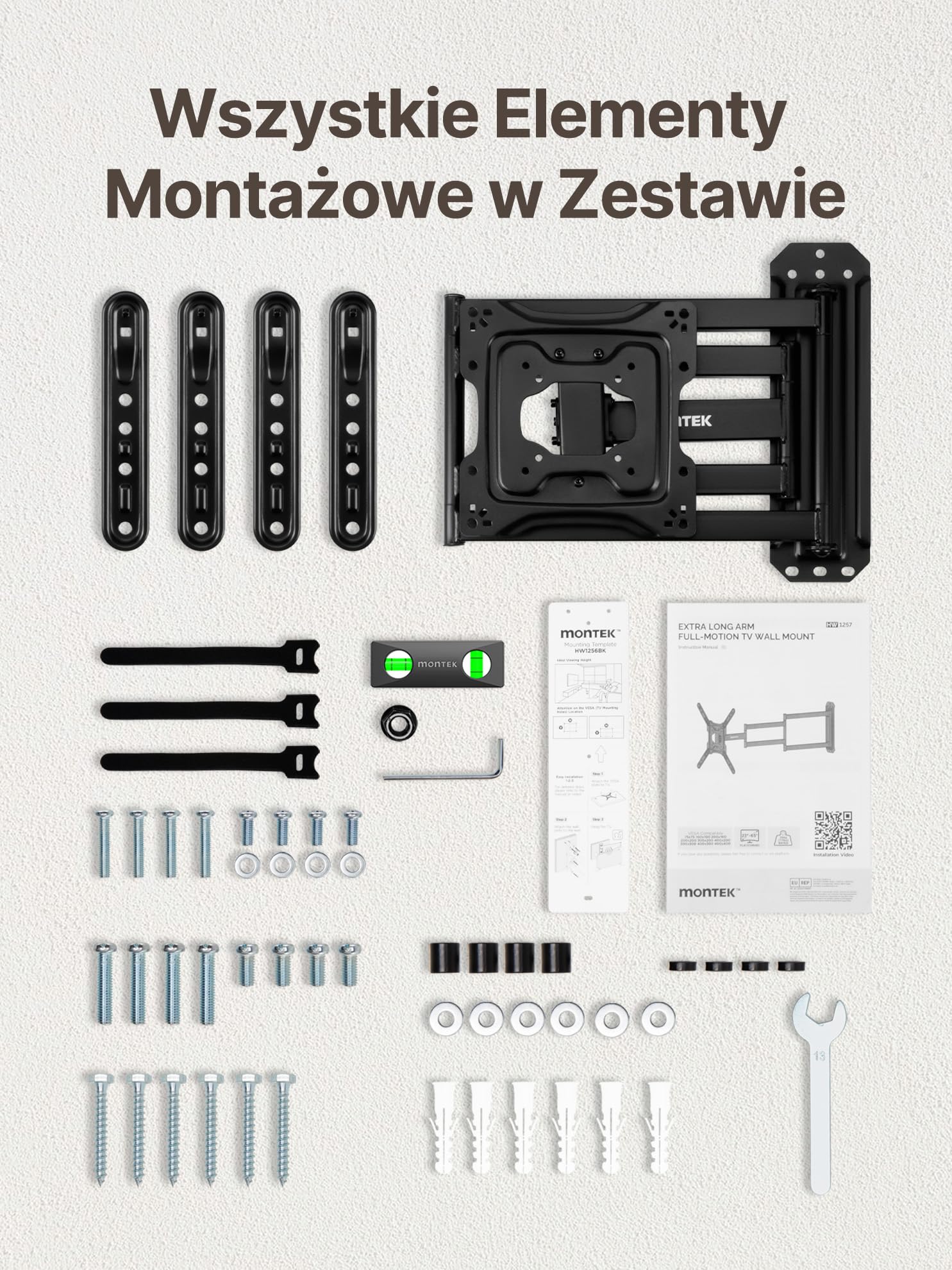 monTEK Uchwyt ścienny do telewizora z długim rękawem do większości telewizorów 23-65", wysuwany uchwyt 37-calowy, wychylny i pochylony, pasuje do maks. VESA 400 x 400 mm, do 35 kg