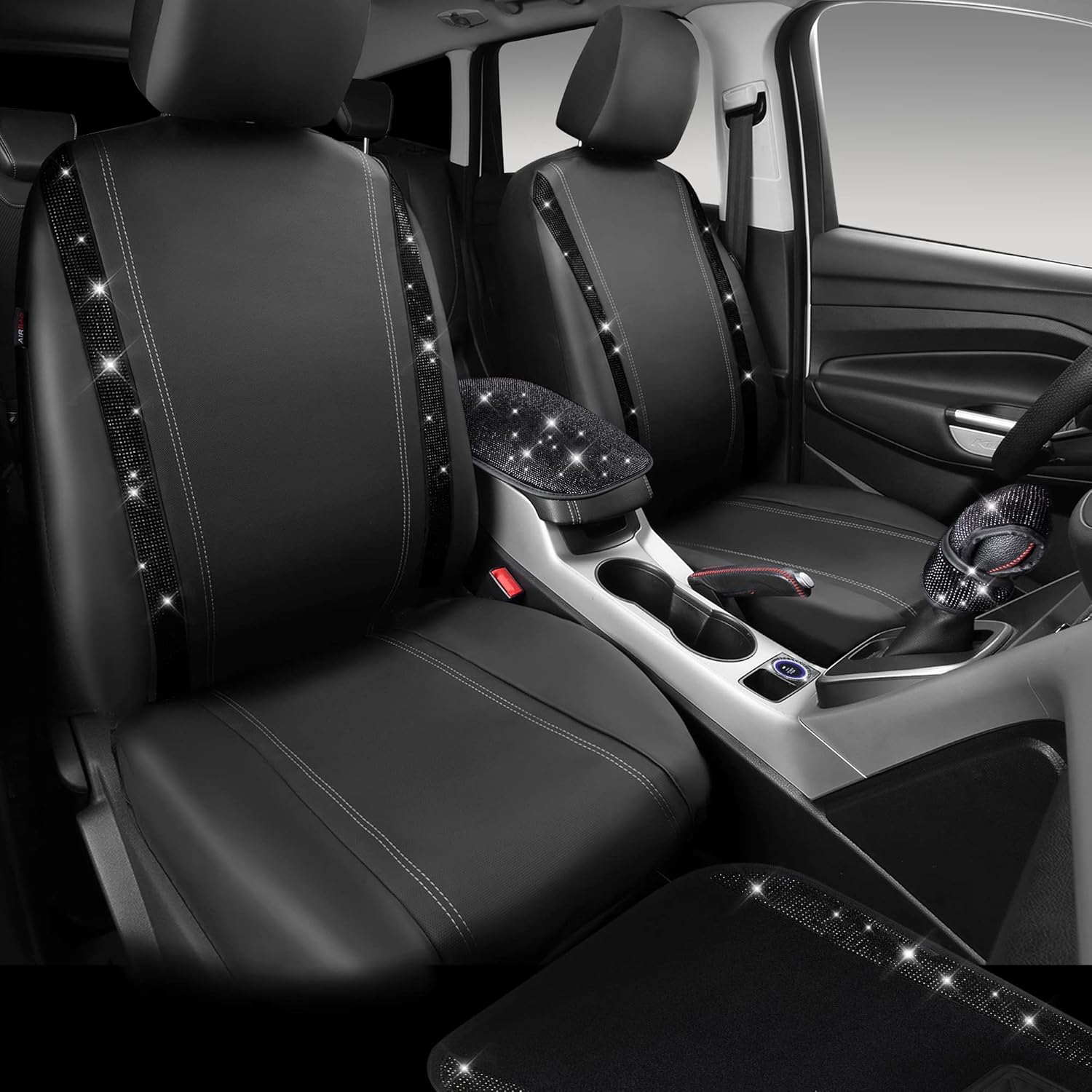 CAR PASS 23 PCS Bling Diamond Car Accessories Set for Women, Leather Seat Covers Full Set Floor Mats Steering Wheel Cover, Coasters Seat Belt Covers Phone Holder Universal Fit Car SUV Truck Van Black