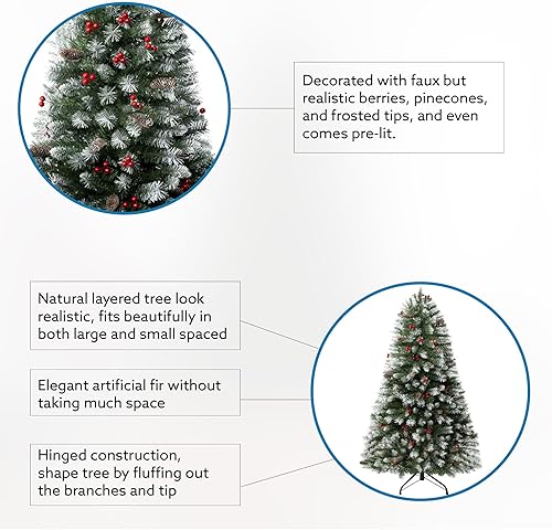 Miniatura 4 de Vancouver - Árbol de Navidad artificial preiluminado esmerilado de 7.5 pies con conos de pino, bayas sintéticas, pedal de pie, 1346 puntas de rama,