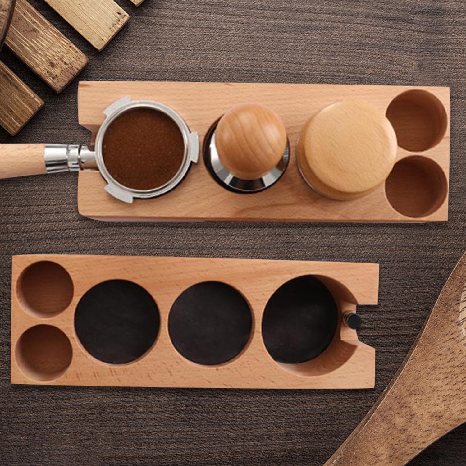 Tissting Soporte Para Compactador De Café 58mm Con Pies Antideslizantes Y 5 Orificios - Estación De Compactación De Café Para Hogar, Cafetería Y Restaurante Con Filtro De Madera Y Tapete