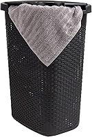 Mind Reader 60L Slim Laundry Hamper with Lid - Ventilated Wicker Plastic Basket, Handles, Space-Saving for Dorm & Apartment, Black