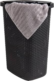 Mind Reader 60L Slim Laundry Hamper with Lid - Ventilated Wicker Plastic Basket, Handles, Space-Saving for Dorm & Apartment, Black