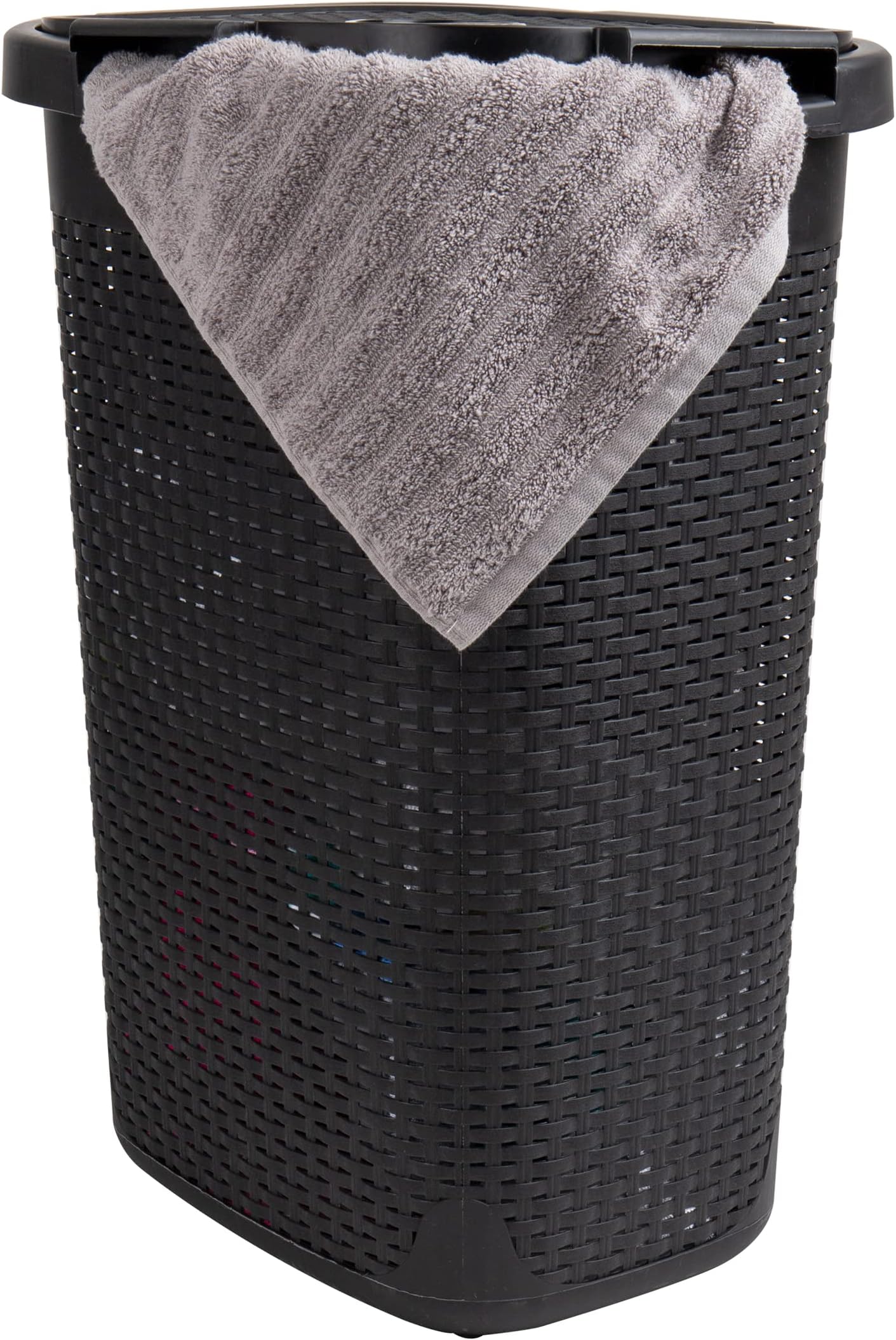 Mind Reader 60L Slim Laundry Hamper, Clothes Basket, Lid, Wicker Design, Plastic, 17.65"L x 13.75"W x 24.15"H, Black