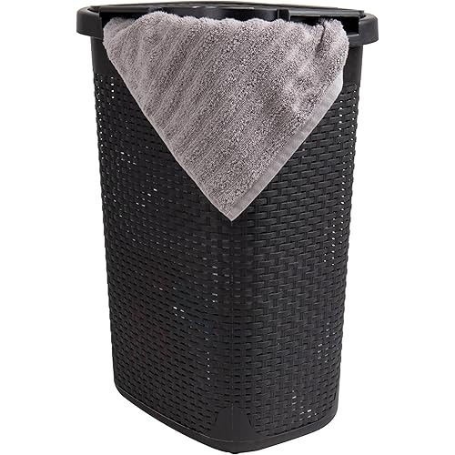 Mind Reader 60L Slim Laundry Hamper, Clothes Basket, Lid, Wicker Design, Plastic, 17.65"L x 13.75"W x 24.15"H, Black