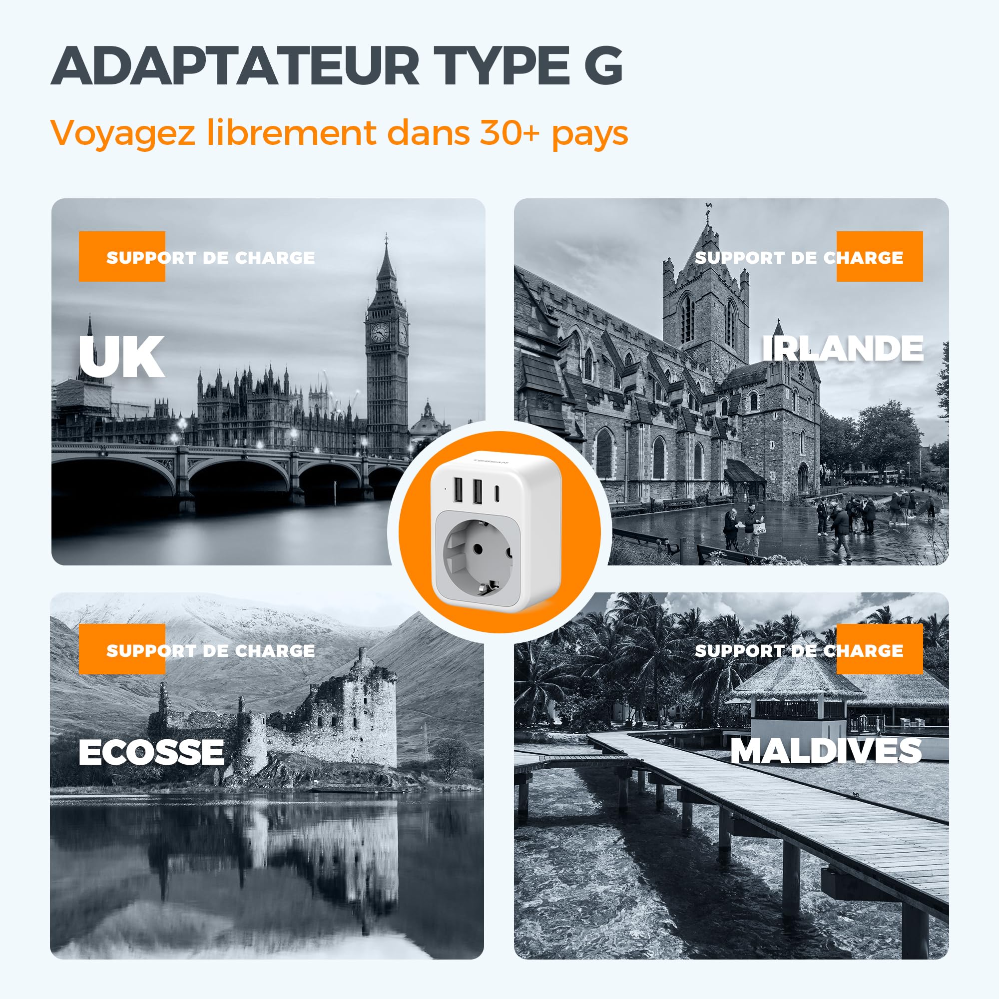 TESSAN Adaptateur Prise Anglaise, 4 en 1 Prise Irlande avec 1 USB C et 2 USB A, Adaptateur Type G France vers UK Écosse Dubai Malte Malaisie Chypre Arabie Saoudite Maldives
