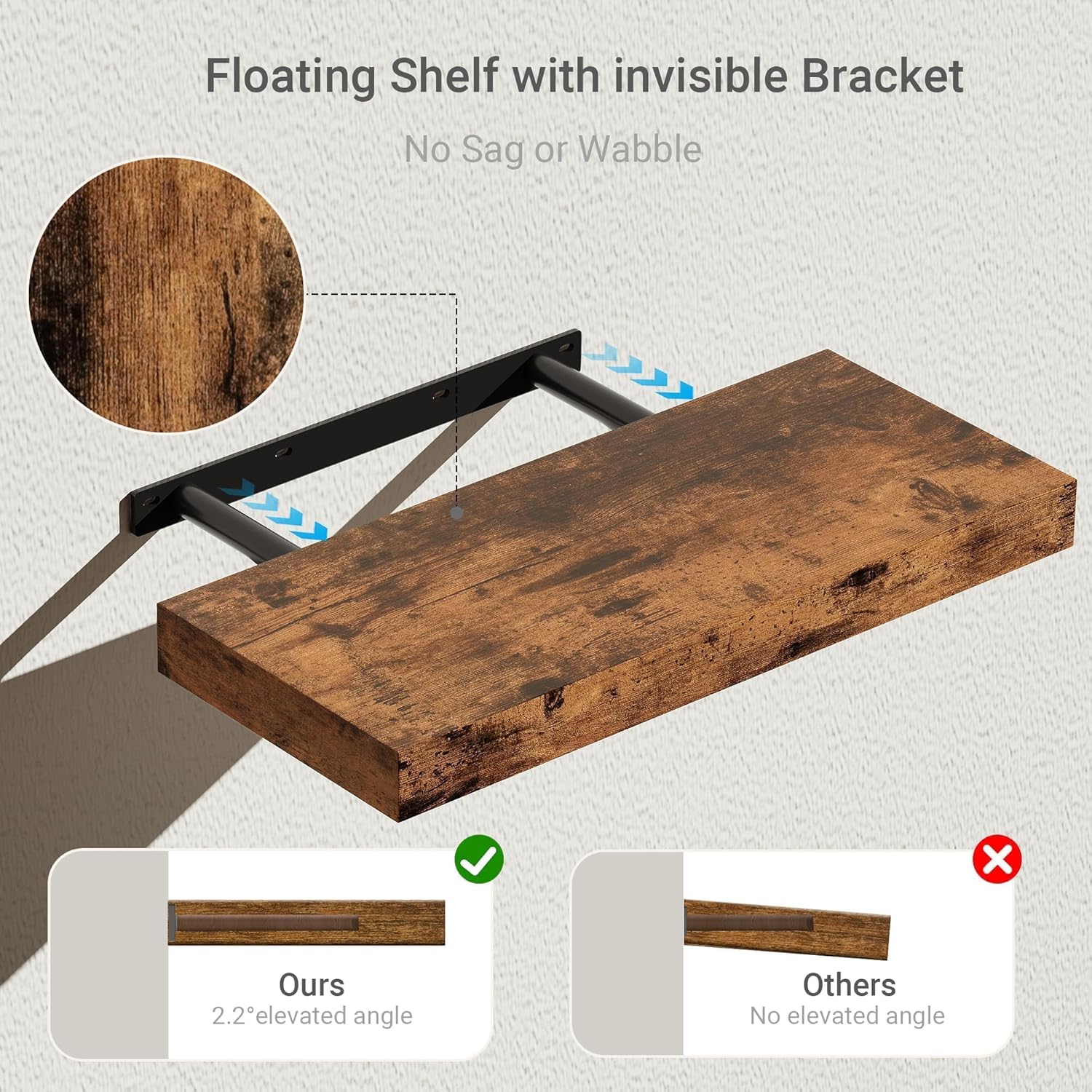 Vivelove Floating Shelves for Wall 16 inchs Long, Display Shelves with Invisible Brackets for Living Room, Bedroom, Kitchen, Bathroom Shelves Over Toilet Farmhouse Home Decor - Set of 2, Rustic Brown