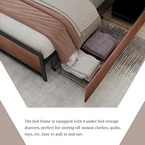 Miniatura 5 de alazyhome Marco de cama de metal completo con 4 cajones de almacenamiento, cama de plataforma rústica industrial moderna con cabecero y estribo de