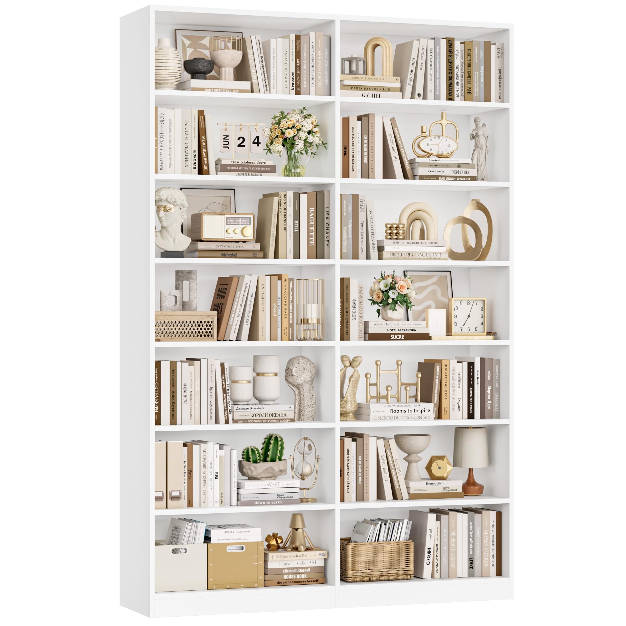 FirFurd 212 cm Bookcase White Bookshelf 7-Tier Living Room Bookcases Free Standing Display Shelf with 14 Open Compartments Tall Shelving Unit for Home, Office 116 x 28.5 x 212 cm