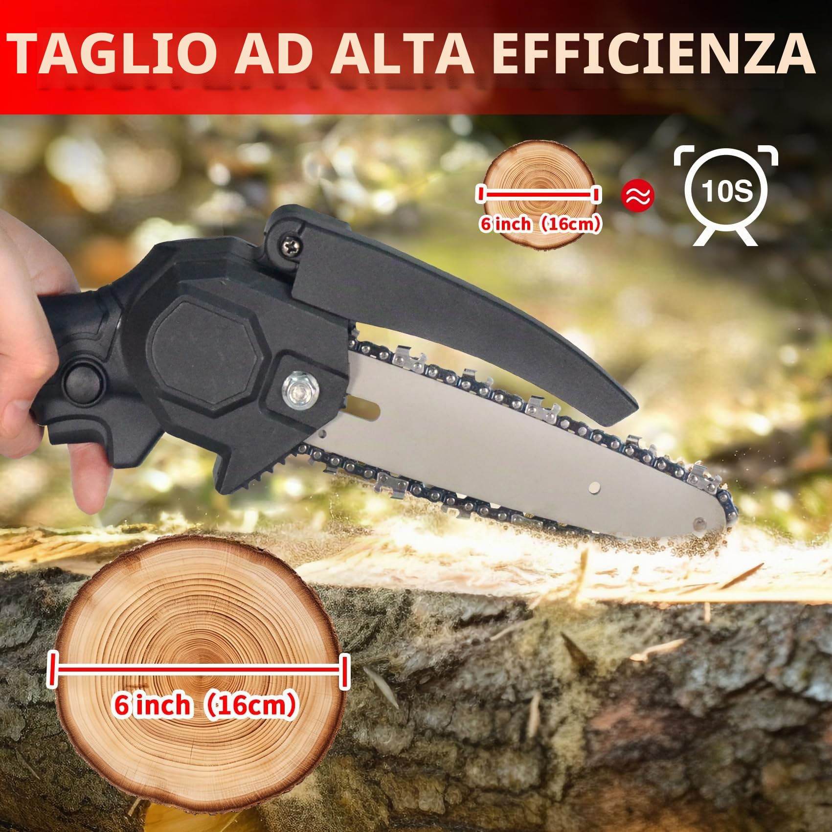 Mini Motosega a Batteria per Potatura, Mini Motosega a Batteria 6 Pollici Con Blocco di Sicurezza per il Taglio del Legno e Giardini, Motosega Professionale Elettrica con 2 Batterie