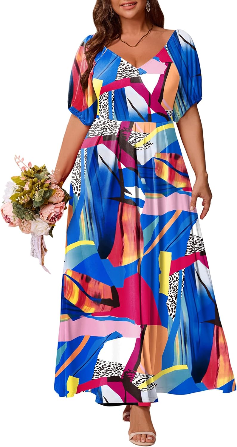 FANDEE Plus Size Maxi Dress for Women Casual V Neck Printed Long Dresses Puff Sleeves Long Beach Dress - Image 4