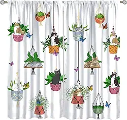Cortinas para gatos, plantas em vaso de fazenda rústicas plantas negras gatinho adorável gatos estampa botânica verde sálvia tratamentos para meninas crianças sala de estar quarto 106,7 x 114,3