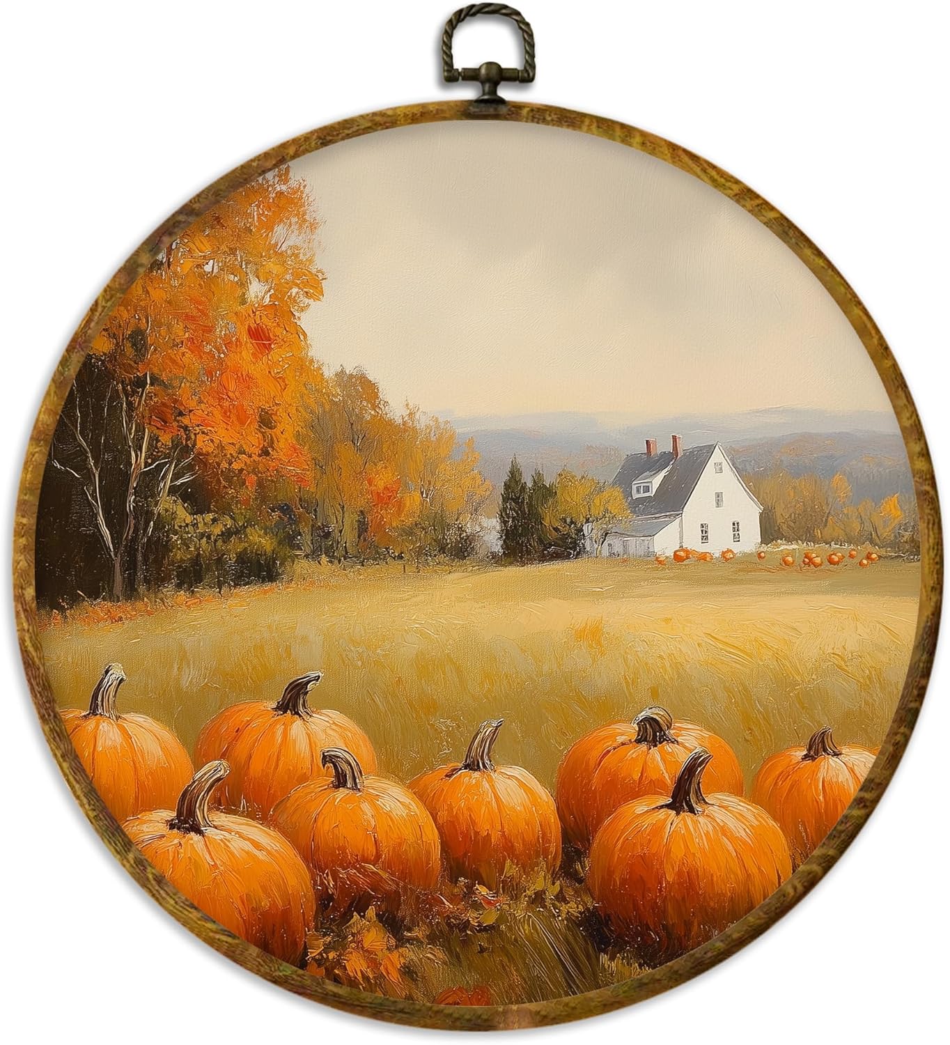 XPH Arte de pared redondo de calabaza de otoño de granja, enmarcado, decoración de pared redonda de calabaza de otoño rústico, impresiones de lienzo