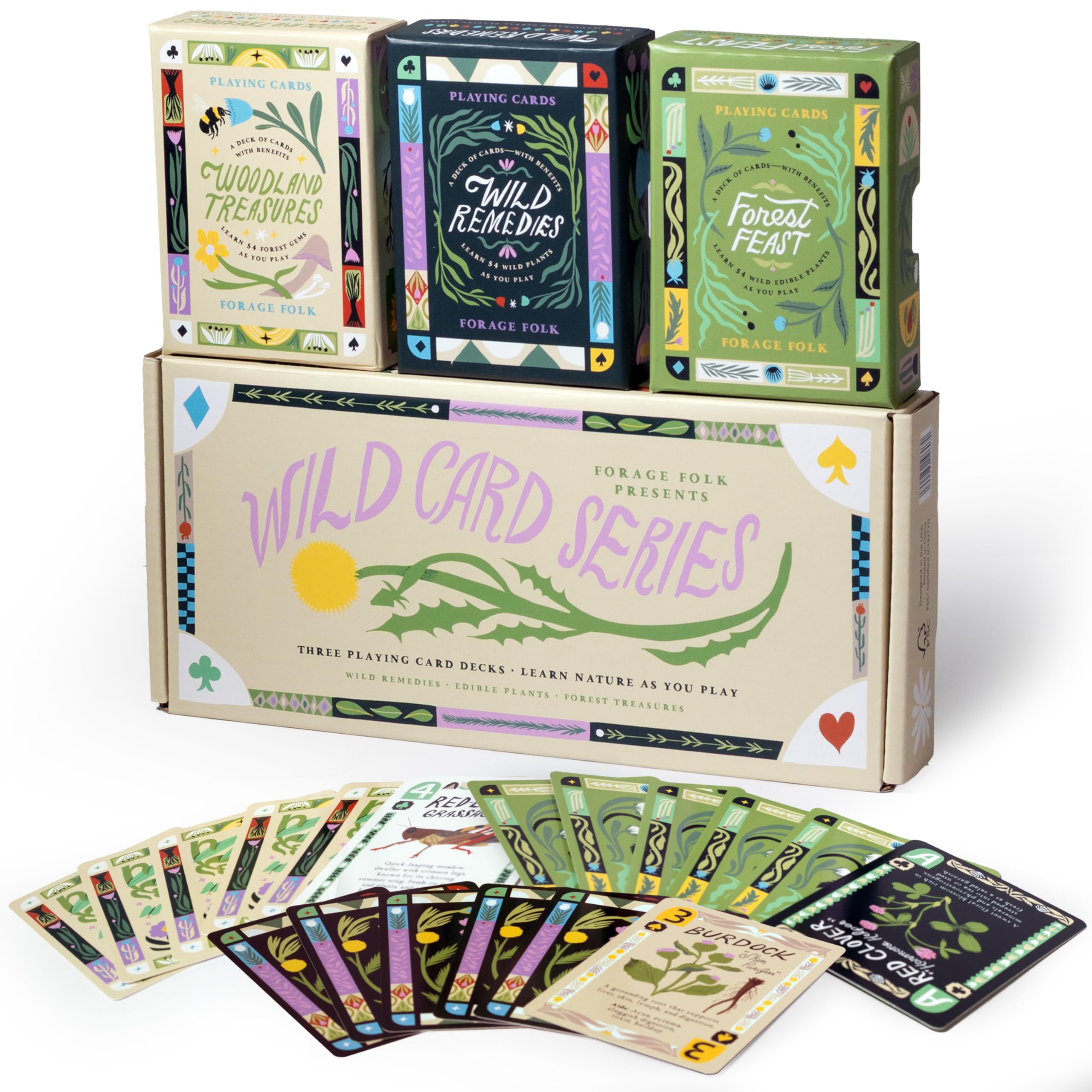 Wild Card Series Trilogy Set | 3 Botanical Playing Card Decks — Wild Remedies, Forest Feast & Woodland Treasures | Learn Nature as You Play |