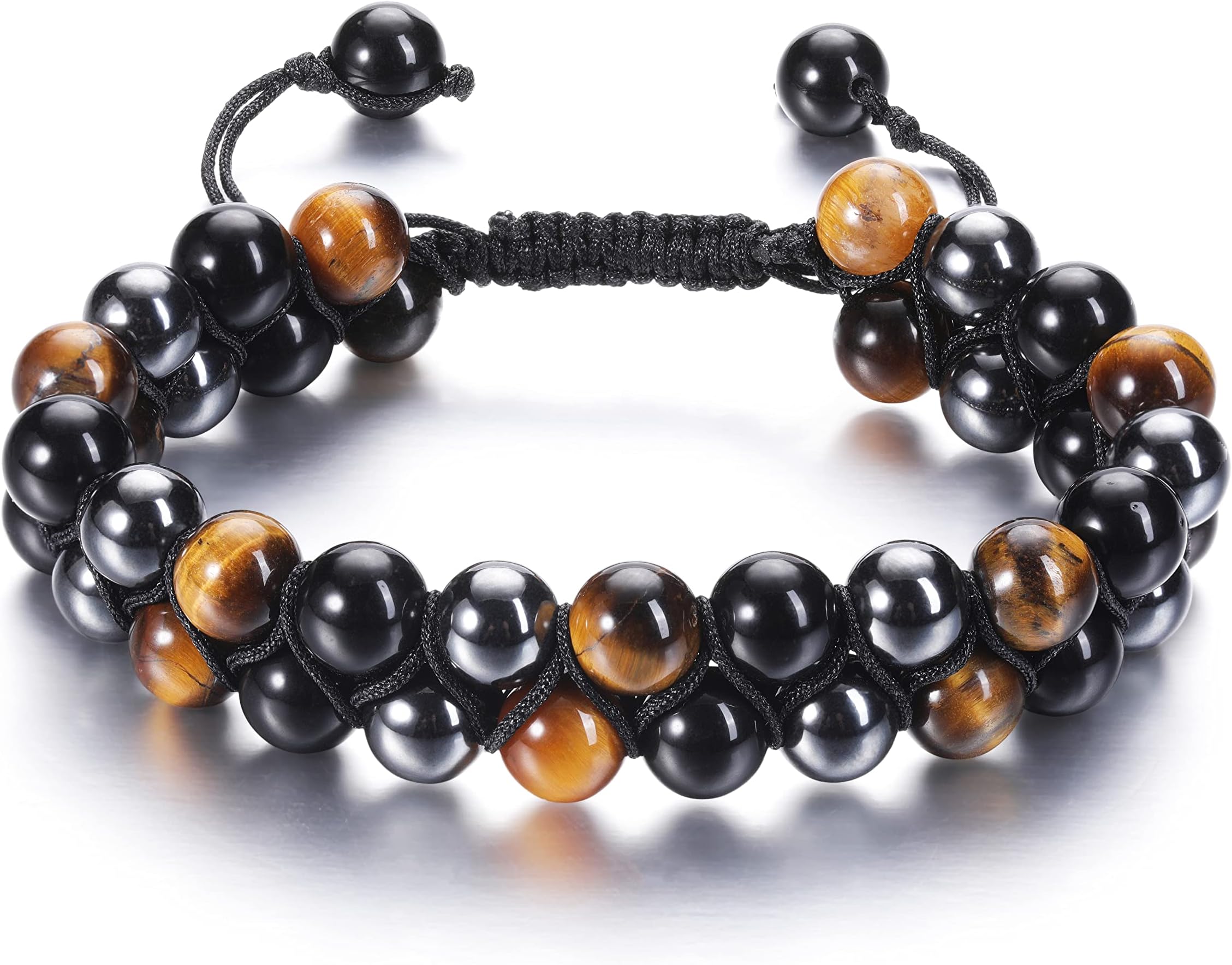 Mens Crystal Bracelet Tiger Eye Black Obsidian Hematite Healing Crystal Stone Bead Bracelet Triple Protection Anxiety Bracelets Valentines Gift for Him Men Boyfriend Husband Dad