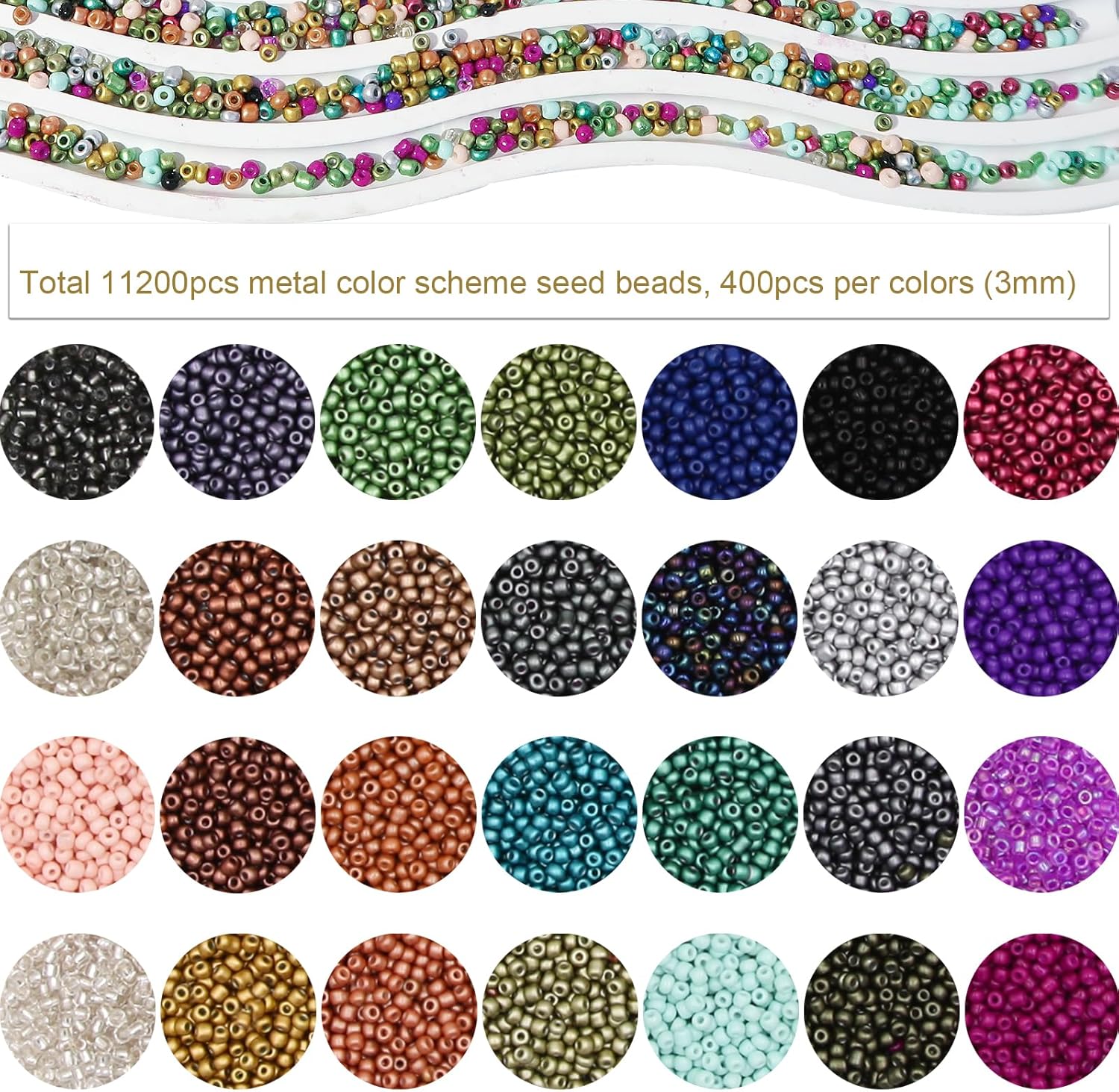 11200pcs Glass Seed Beads for DIY Crafting Bracelet Necklace Embroidery Jewelry Making Supplies (3mm, 400pcs/Color, 28 Colors, Metallic Scheme) - Image 2