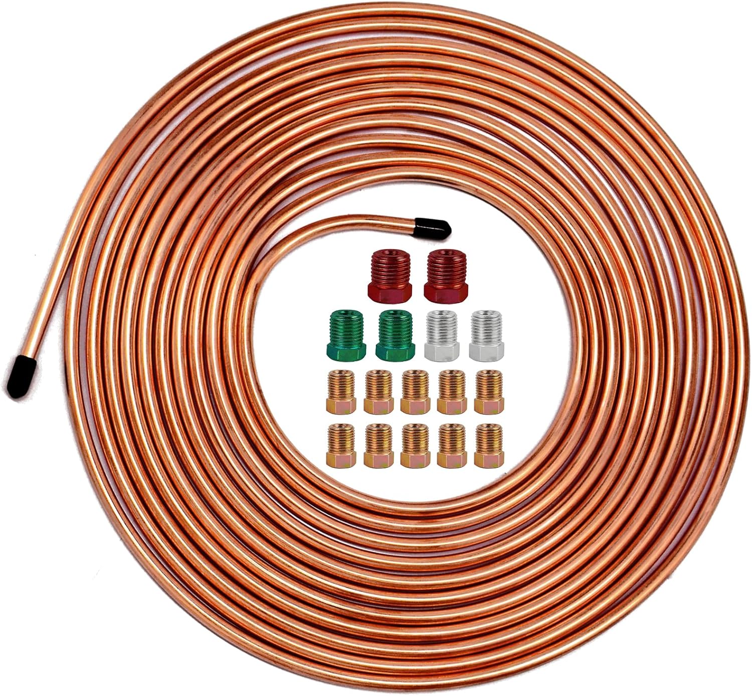 25 Ft 3/16" Copper Coated Brake Line Kit, Brake Line Double & Single Flaring Tool Kit (Includes 16 Fittings and 4 Unions Brake Line Fittings) +Tube Bender