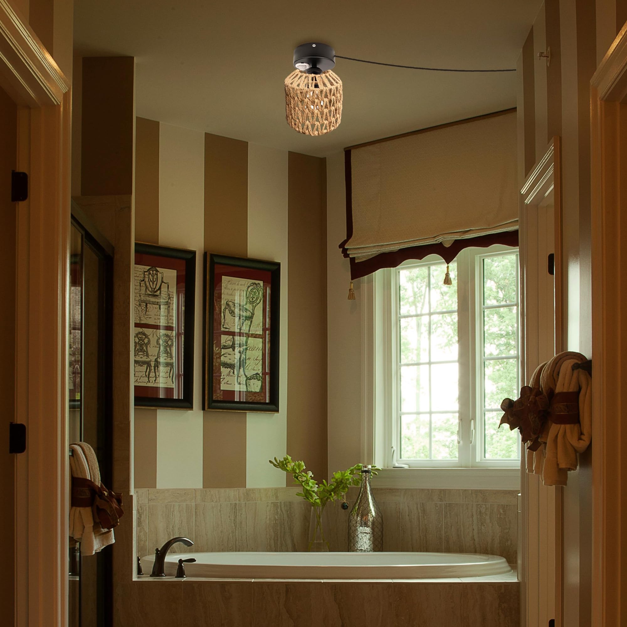 Lampada da soffitto con sensore di movimento interno, stile boho rattan, lampada da soffitto radar, sensore di movimento con cavo da 4,5 m e portalampada E27, per corridoio, bagno, scale,