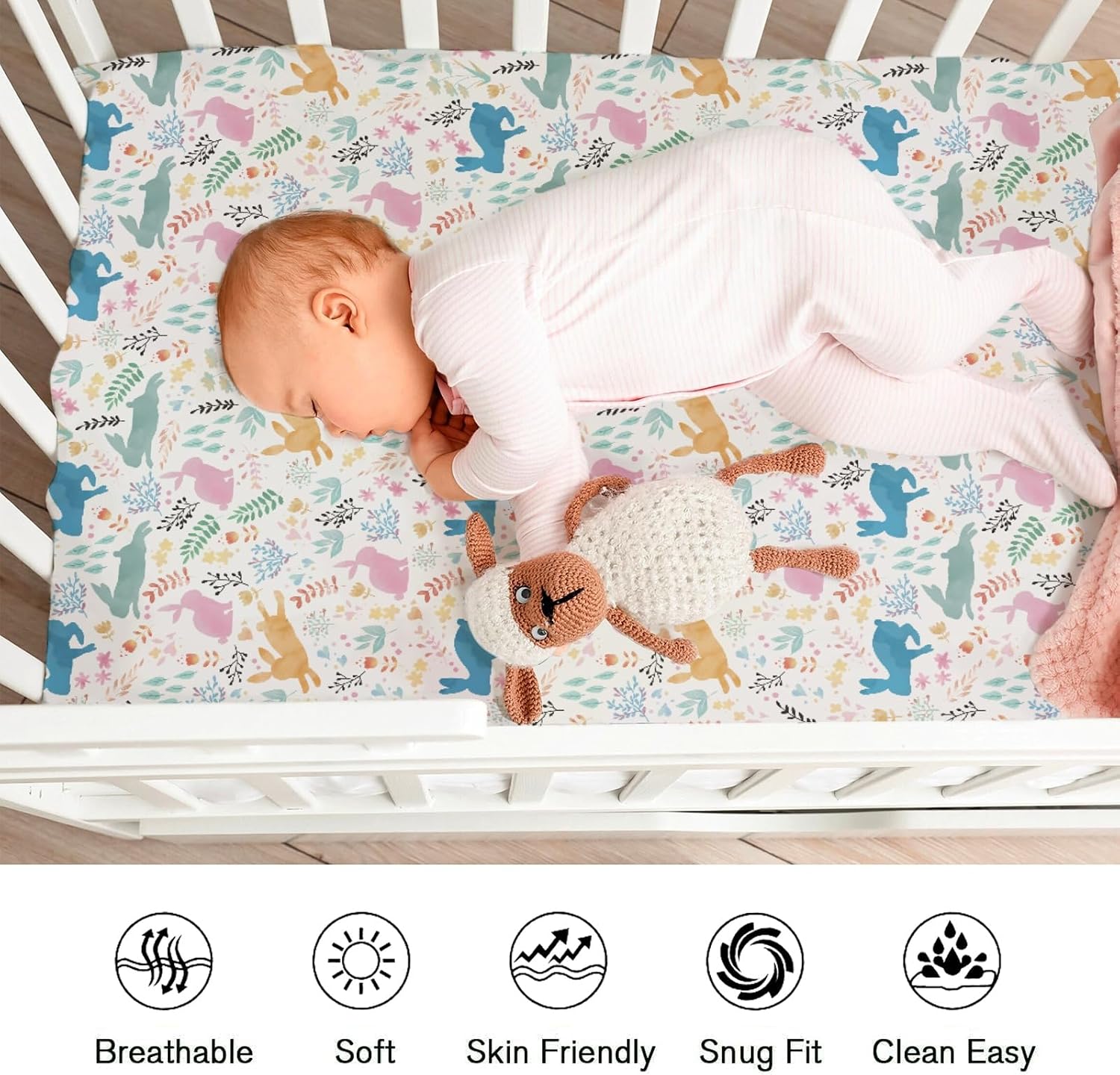 Spring Bunnies Floral Baby Crib Sheets for Boy Girl 52"x28" Colorful Rabbits Flowers Leaves Crib Mattress Covers Soft Breathable Easter Bunny Baby Sheet for Standard Crib and Toddler Bed Mattresses