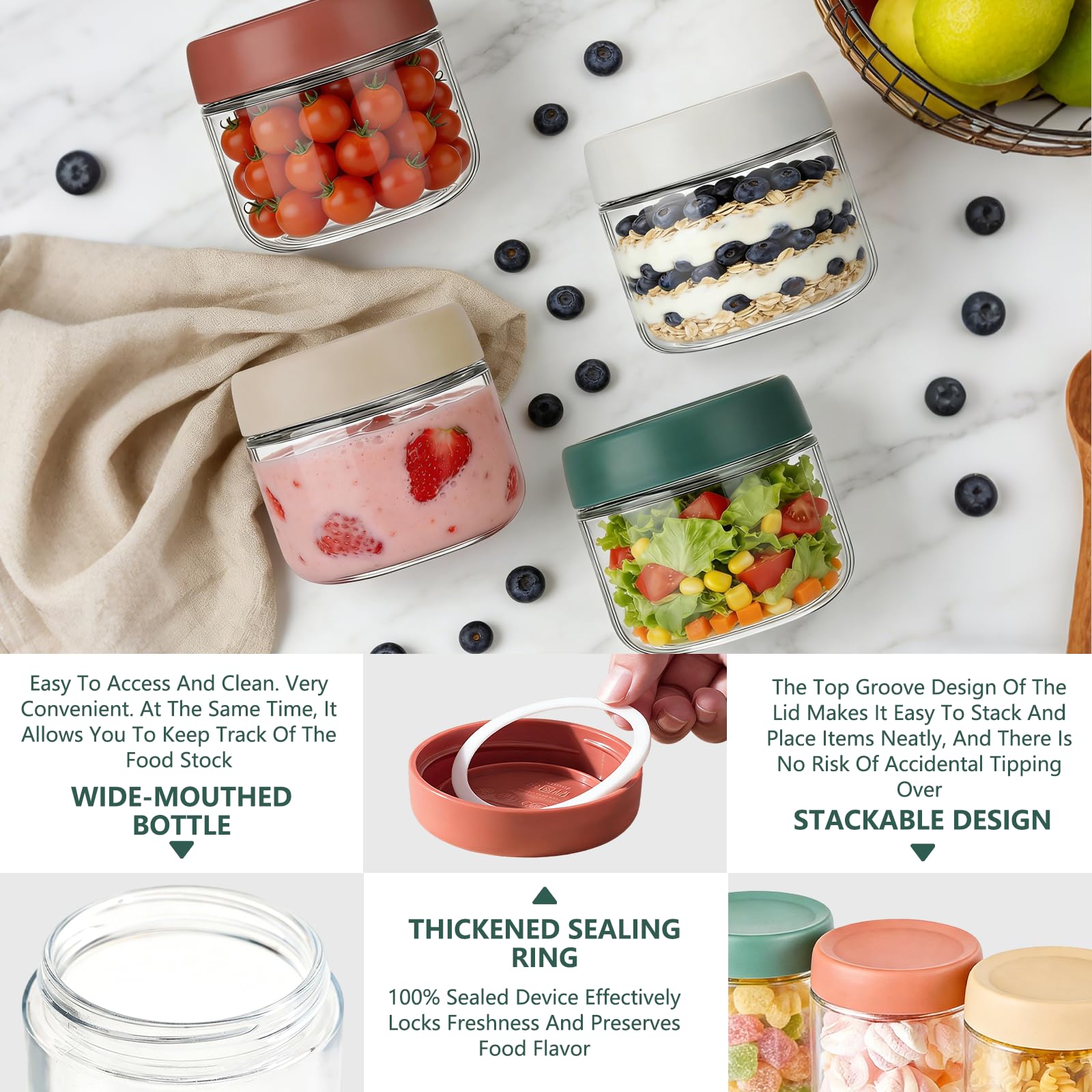 Glass Jars with Lids - 10oz Overnight Oats Containers -4 Glass Jars with Lids - 10oz Overnight Oats Containers -4