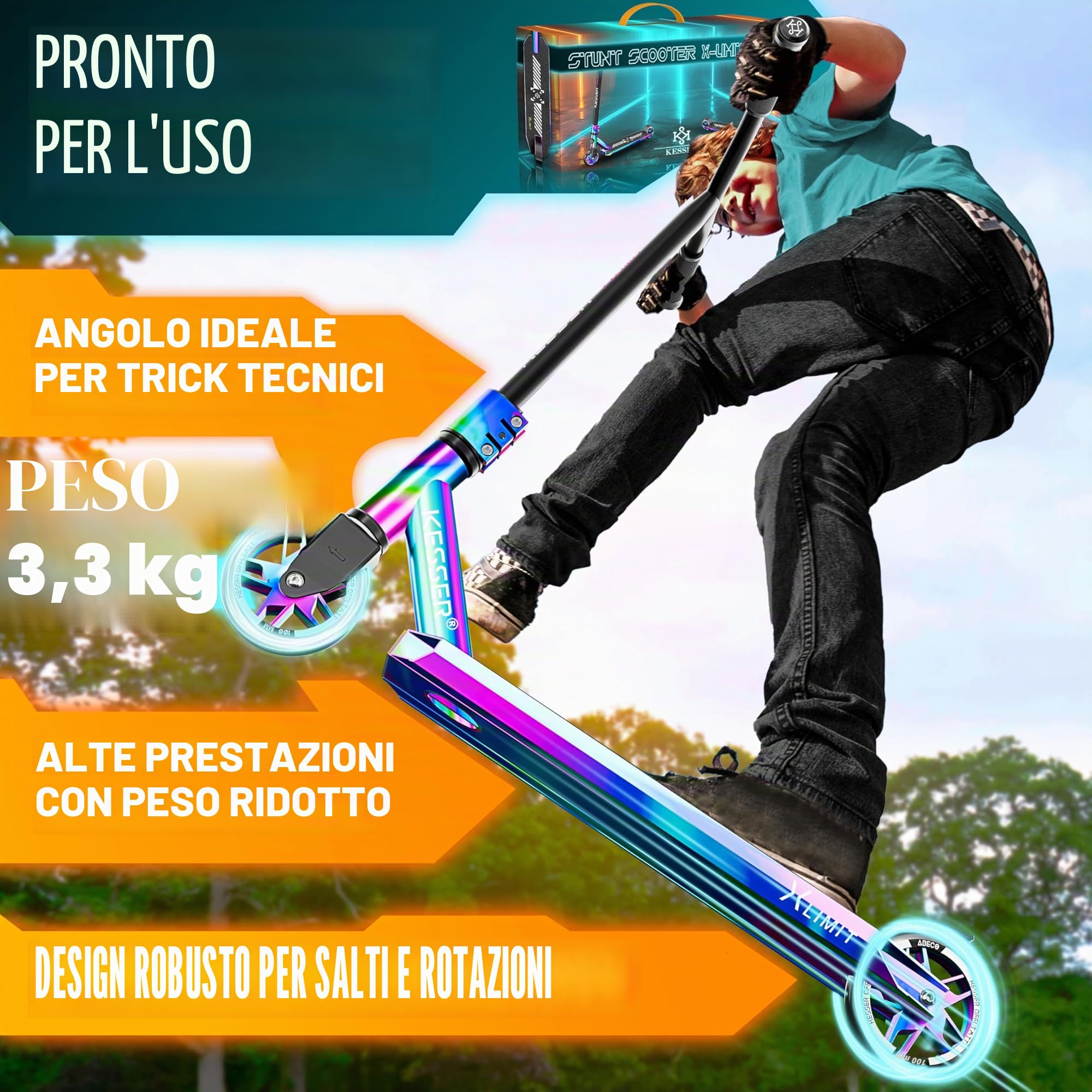 KESSER® Monopattino acrobatico X-Limit-PRO 360Ḟ Divertente Monopattino Monopattino acrobatico con Supporto ABEC 9 Cuscinetti a Sfera, Ruote in PU da 110 mm, Monopattino Scooter
