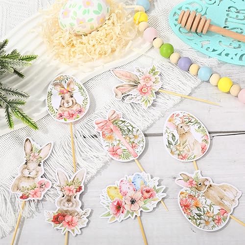 Miniatura 3 de Whaline 48 piezas de decoración para magdalenas de Pascua con palitos de pegamento en acuarela, floral, huevos de Pascua, conejito, palillos de