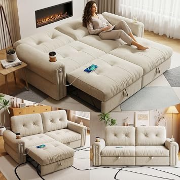 73" Queen Size Sofa Bed, Loveseat Sleeper Sofa with Pull Out Bed and USB, 2 Seater Convertible Small Couch for Living Room Bedroom Apartment Beige, Chenille