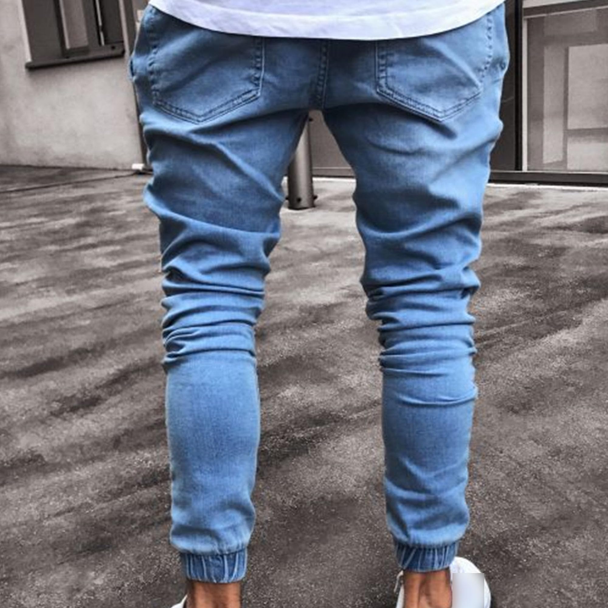 JEKE-DG Men's Slim Fit Biker Denim Pants Distressed Stretched Moto Denim Jeans Skinny Fashion Stretch Jeans (Large,Blue)