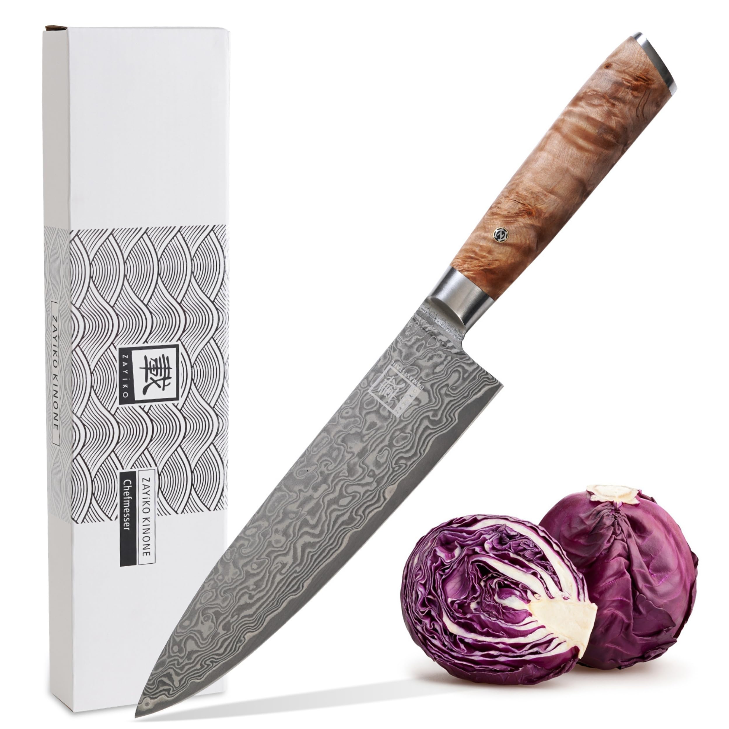 zayiko Kinone Premium Chefmesser mit 20 cm Klinge gefertigt aus 67 Lagen echtem Damaststahl mit Wurzelholzgriff Birke I Damastmesser Küchenmesser und Profi Kochmesser