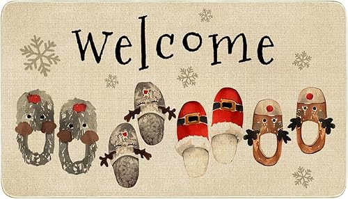 Tapete de puerta de Navidad para puerta delantera, pantuflas de acuarela para vacaciones, tapete de bienvenida de vacaciones, alfombras de invierno