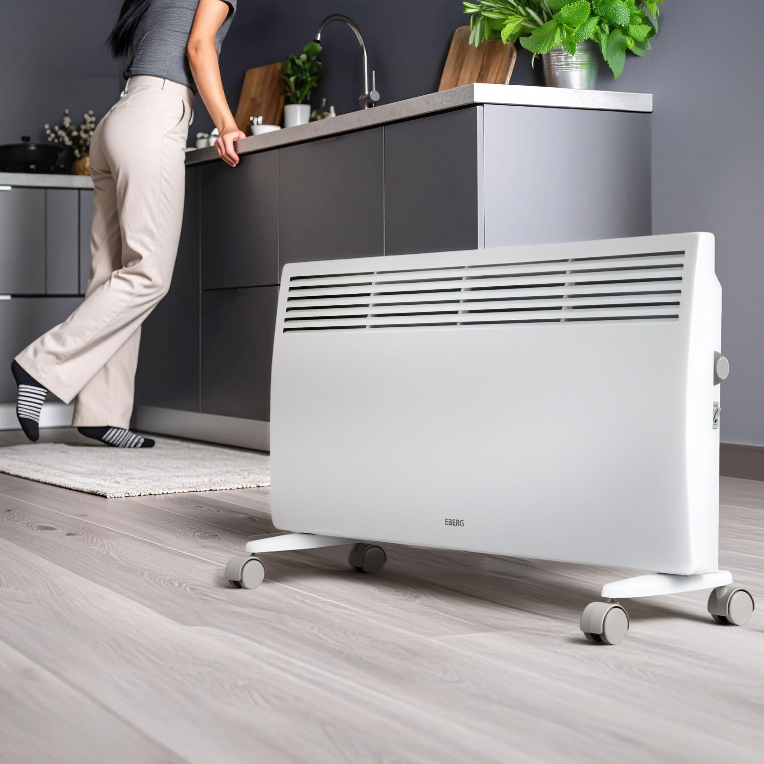 EBERG VECTO V20Y1 Grzejnik konwektorowy 2000 W z termostatem, 2 poziomy mocy 1000/2000 W, grzałka X-Shape, zabezpieczenie przed przegrzaniem i przewróceniem, biały