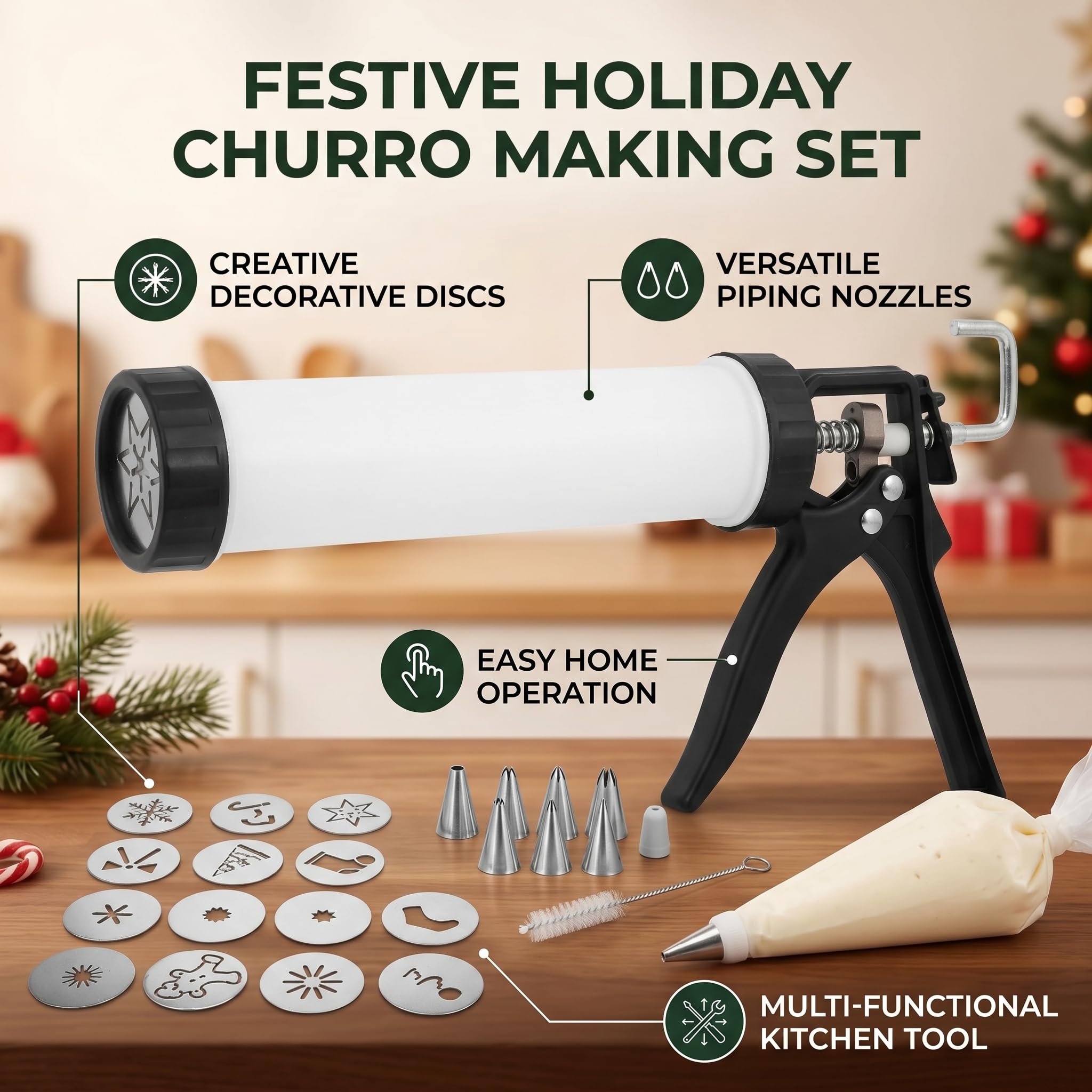 Machine à Churros, 1,5 L, Haute efficacité, Corps en Alliage D'aluminium, Machine à Churros Multifonctionnelle avec Poche à Douille, Disques pour la Cuisson