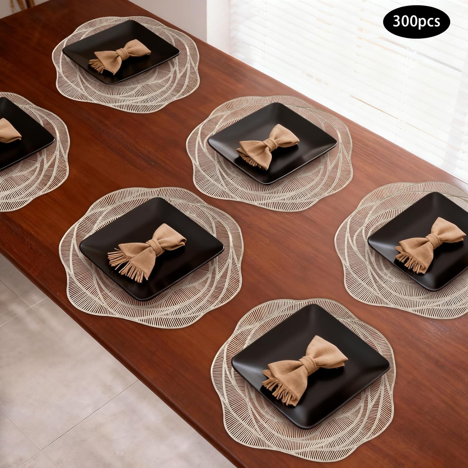 Round Rose Placemats Set of 300, 14.96inch Placemats, Hollow Out Vinyl Place Mats, Metallic Table Mats, Washable Dining Place Mat for Wedding Banquet Home Table Decor (Gold)