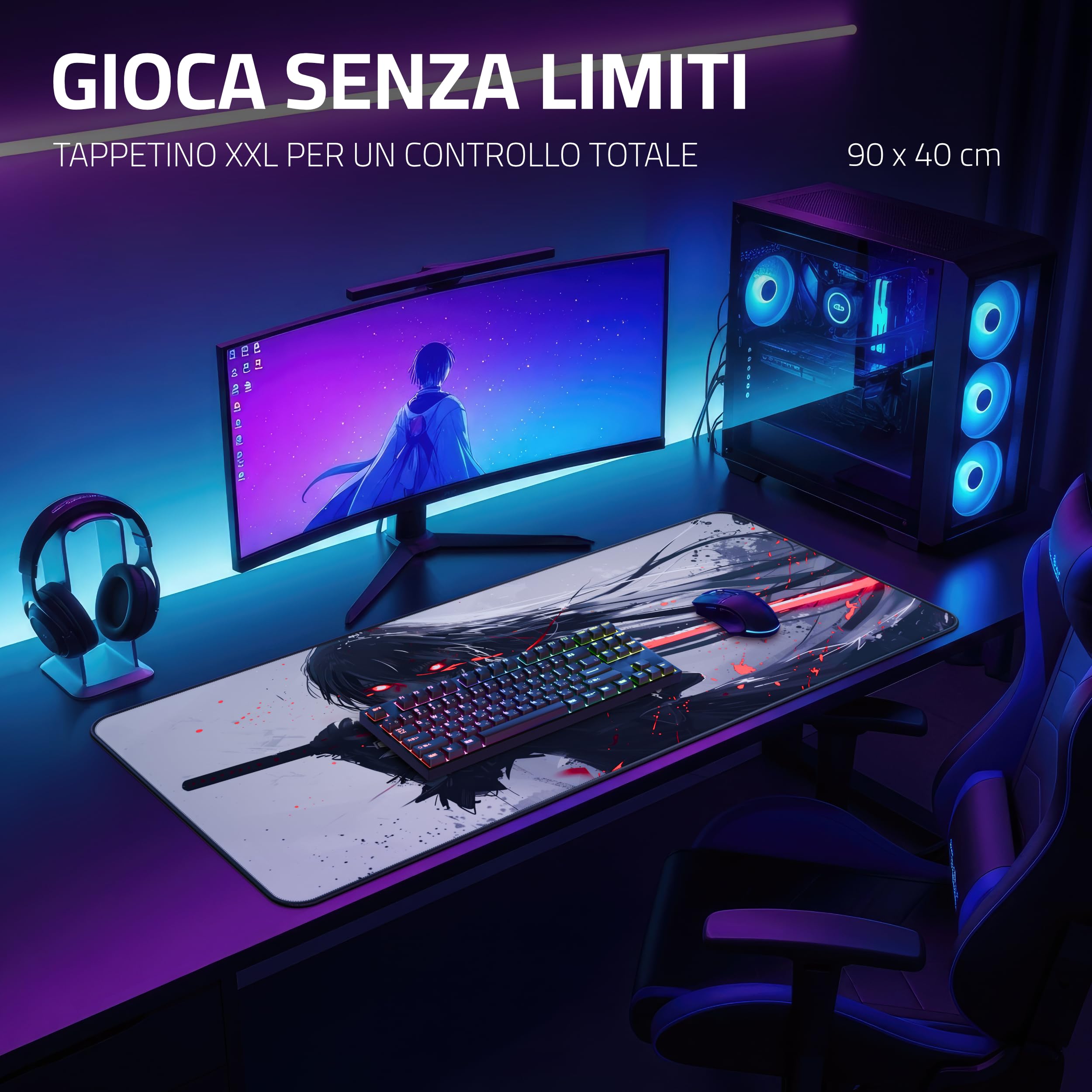 Tappetino mouse gaming anime XXL 900x400 mm - Mousepad impermeabile & cuciture rinforzate - Tappeto XL - Sottomano scrivania per setup, tastiera e PC