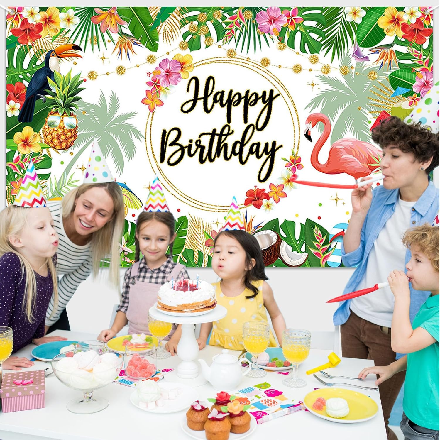 Avezano Summer Hawaiian Birthday Backdrop Tropical Flamingo Beach Birthday Party Decorations Palm Pineapple Aloha Happy Birthday Party Supplies 70.8 x 43.3 Inch