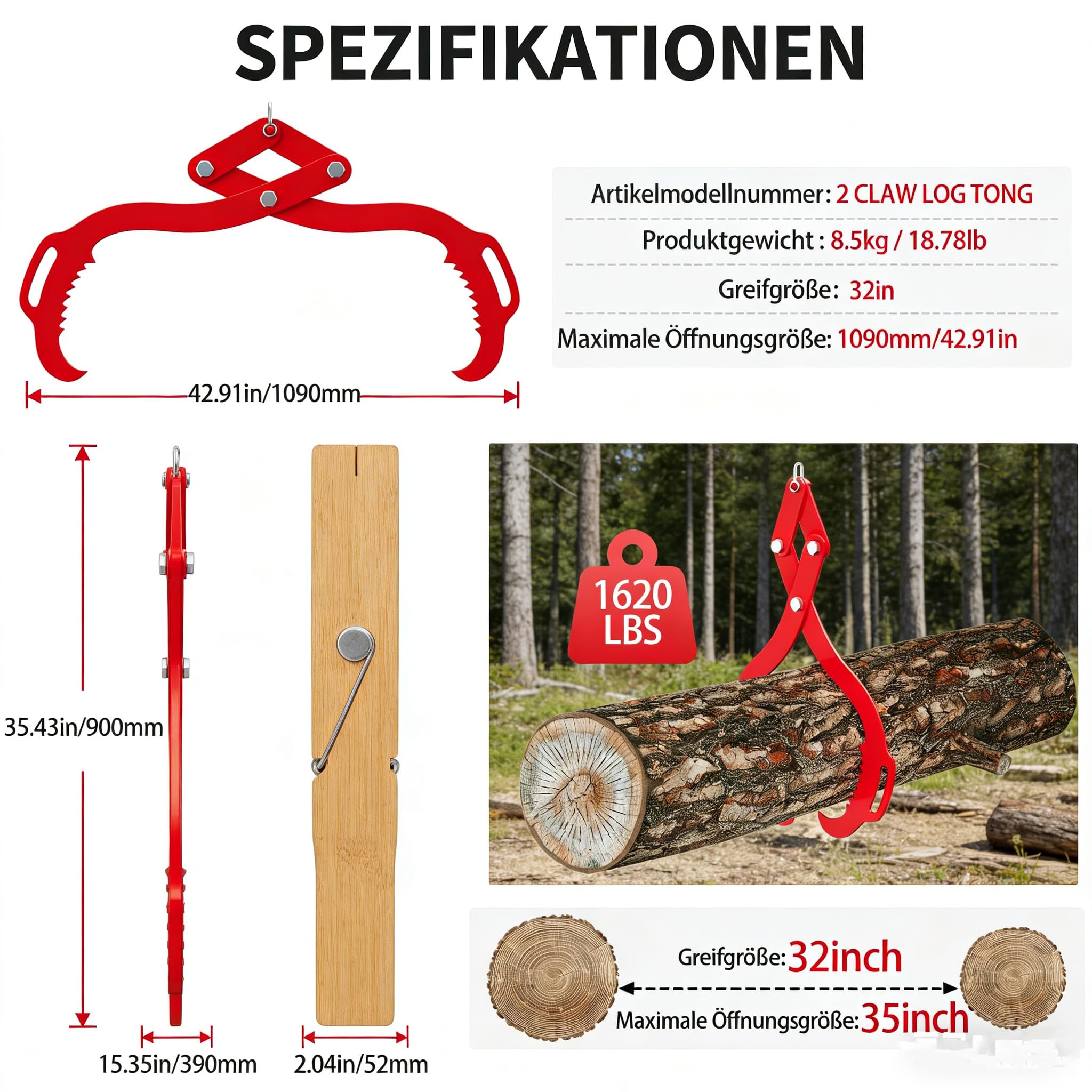 Szczypce leśne do pni drzew do 813 mm, o sile ciągnącej 800 kg, szczypce do drewna, szczypce do podnoszenia z 2 trzpieniami zaciskowymi